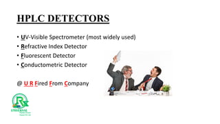 HPLC DETECTORS
• UV-Visible Spectrometer (most widely used)
• Refractive Index Detector
• Fluorescent Detector
• Conductometric Detector
@ U R Fired From Company
 