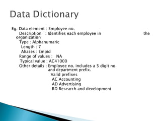 Eg. Data element : Employee no.
    Description : Identifies each employee in             the
  organization
    Type : Alphanumaric
     Length : 7
     Aliases : Empid
    Range of values : NA
    Typical value : AC41000
    Other details : Employee no. includes a 5 digit no.
                   and department prefix.
                    Valid prefixes
                    AC Accounting
                    AD Advertising
                    RD Research and development
 