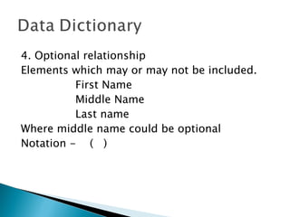 4. Optional relationship
Elements which may or may not be included.
          First Name
          Middle Name
          Last name
Where middle name could be optional
Notation - ( )
 
