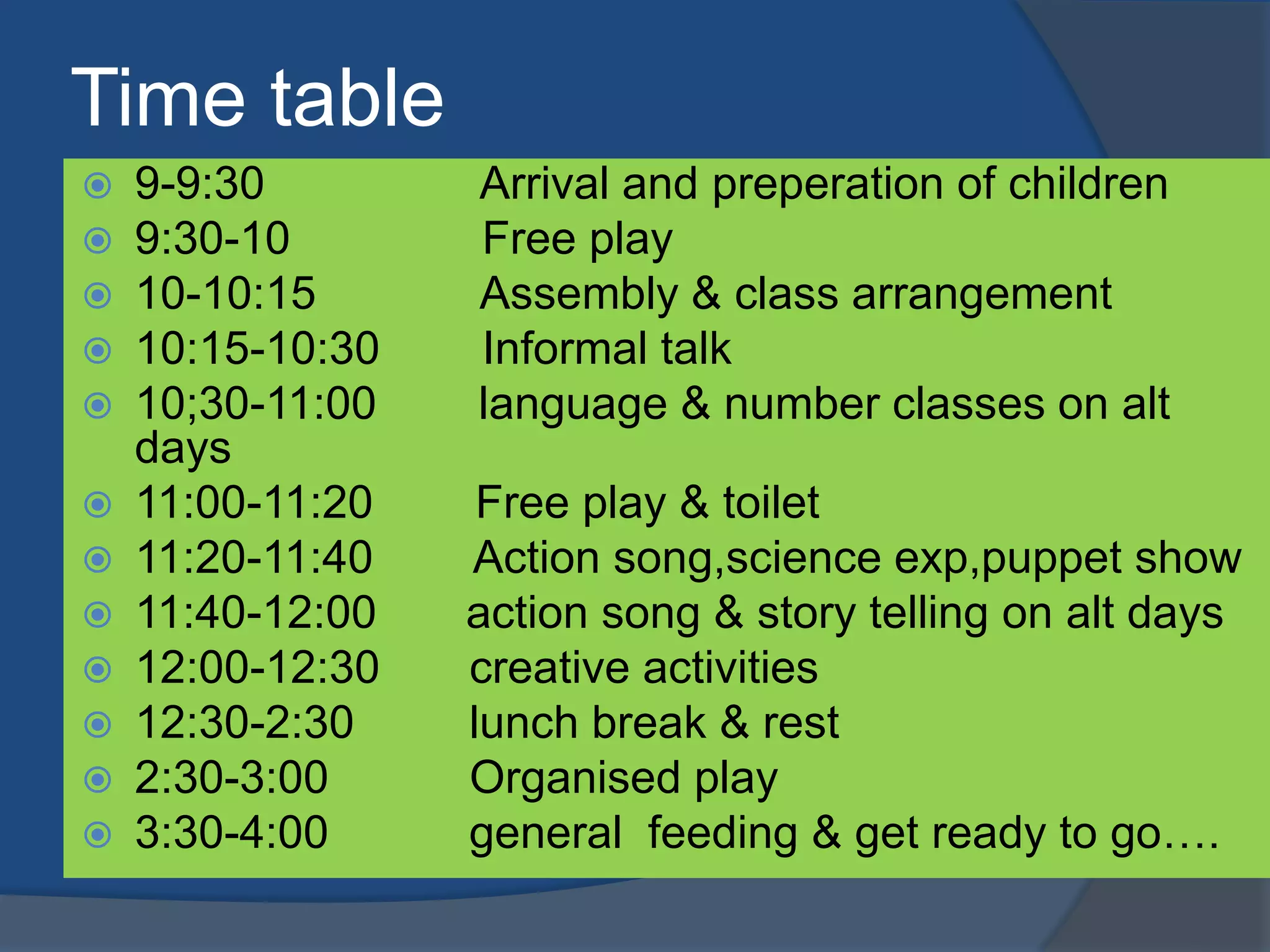 Time table
   9-9:30        Arrival and preperation of children
   9:30-10       Free play
   10-10:15      Assembly & class arrangement
   10:15-10:30   Informal talk
   10;30-11:00   language & number classes on alt
    days
   11:00-11:20    Free play & toilet
   11:20-11:40   Action song,science exp,puppet show
   11:40-12:00   action song & story telling on alt days
   12:00-12:30   creative activities
   12:30-2:30    lunch break & rest
   2:30-3:00     Organised play
   3:30-4:00     general feeding & get ready to go….
 