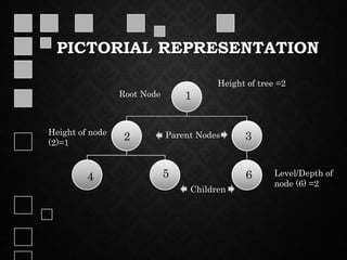 PICTORIAL REPRESENTATION
1
2
4 5
3
6
Root Node
Parent Nodes
Children
Height of node
(2)=1
Height of tree =2
Level/Depth of
node (6) =2
 