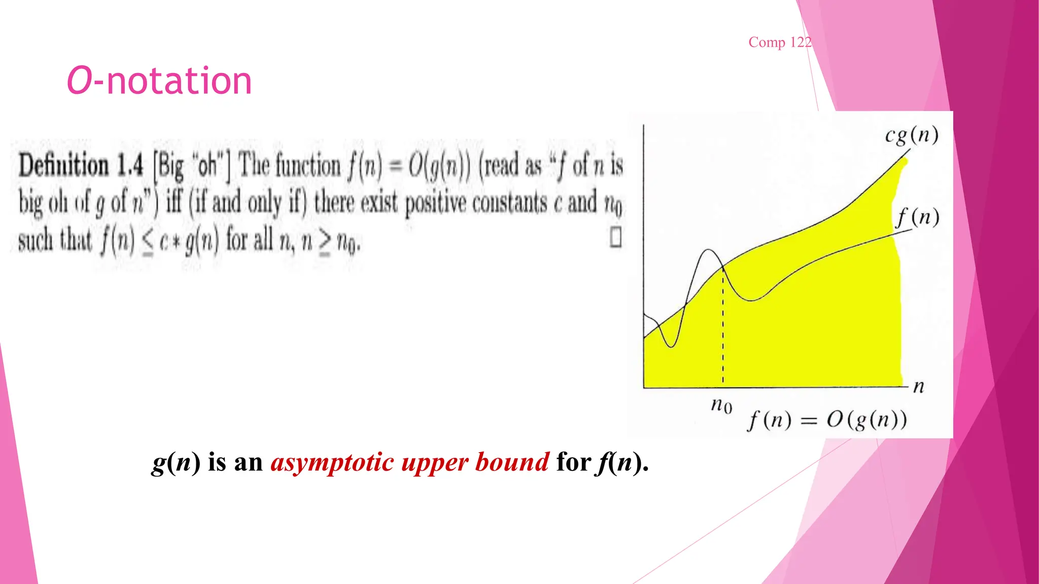 O-notation Comp 122 g(n) is an asymptotic upper bound for f(n). 