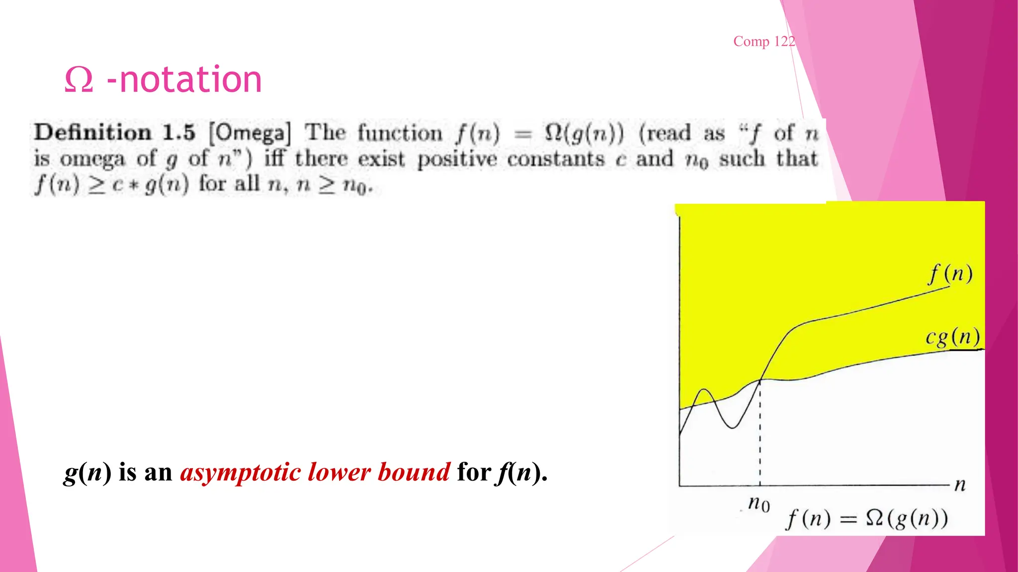  -notation Comp 122 g(n) is an asymptotic lower bound for f(n). 