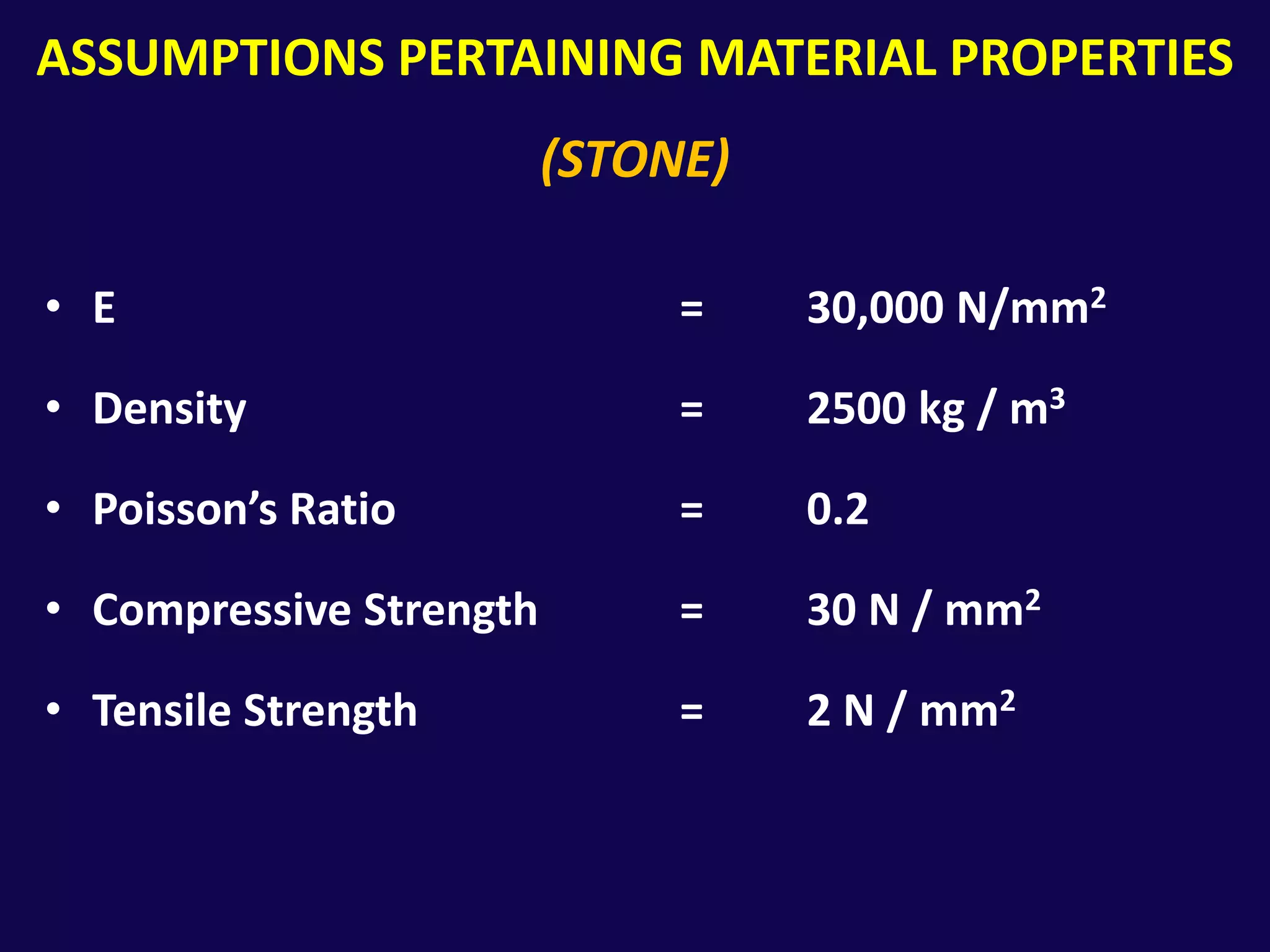 Assumptions Pertaining material properties(stone)E					=	30,000 N/mm2Density				=	2500 kg / m3Poisson’s Ratio			=	0.2Compressive Strength		=	30 N / mm2Tensile Strength			=	2 N / mm2