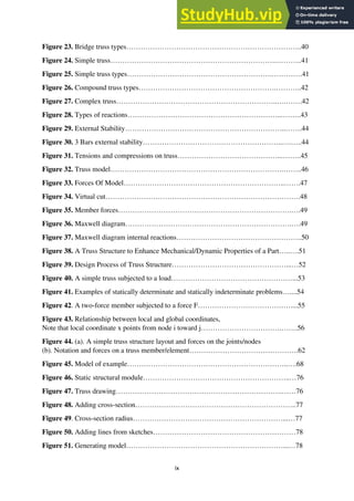 ix
Figure 23. Bridge truss types………………………………………………………………..40
Figure 24. Simple truss…………………………………………………………….………..41
Figure 25. Simple truss types…………………………………………………….………….41
Figure 26. Compound truss types………………………………………………….………..42
Figure 27. Complex truss…………………………………………………………..….…….42
Figure 28. Types of reactions………………………………………………………...……..43
Figure 29. External Stability…………………………………………………………..…….44
Figure 30. 3 Bars external stability…………………………………………………..….…..44
Figure 31. Tensions and compressions on truss……………………………………...……..45
Figure 32. Truss model……………………………………………………………….……..46
Figure 33. Forces Of Model…………………………………………………………..…….47
Figure 34. Virtual cut……………………………………………………………………….48
Figure 35. Member forces……………………………………………………………….….49
Figure 36. Maxwell diagram…………………………………………………………….….49
Figure 37. Maxwell diagram internal reactions……………………………………………..50
Figure 38. A Truss Structure to Enhance Mechanical/Dynamic Properties of a Part…..….51
Figure 39. Design Process of Truss Structure…………………………………………...…52
Figure 40. A simple truss subjected to a load……………………………………………...53
Figure 41. Examples of statically determinate and statically indeterminate problems…....54
Figure 42. A two-force member subjected to a force F…………………………………....55
Figure 43. Relationship between local and global coordinates,
Note that local coordinate x points from node i toward j…………………………….…….56
Figure 44. (a). A simple truss structure layout and forces on the joints/nodes
(b). Notation and forces on a truss member/element……………………………………….62
Figure 45. Model of example…………………………………………………………..….68
Figure 46. Static structural module……………………………………………………..…76
Figure 47. Truss drawing…………………………………………………………….……76
Figure 48. Adding cross-section…………………………………………………………..77
Figure 49. Cross-section radius………………………………………………………...…77
Figure 50. Adding lines from sketches……………………………………………………78
Figure 51. Generating model…………………………………………………………...…78
 