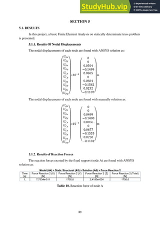 89
SECTION 5
5.1. RESULTS
In this project, a basic Finite Element Analysis on statically determinate truss problem
is presented.
5.1.1. Results Of Nodal Displacements
The nodal displacements of each node are found with ANSYS solution as:
(
𝑈𝐴𝑥
𝑈𝐴𝑦
𝑈𝐵𝑥
𝑈𝐵𝑦
𝑈𝐶𝑥
𝑈𝐶𝑦
𝑈𝐸𝑥
𝑈𝐸𝑦
𝑈𝐷𝑥
𝑈𝐷𝑦)
=10−4
(
0
0
0.0504
−0.1499
0.0865
0
0.0684
−0.1562
0.0252
−0.1187)
m
The nodal displacements of each node are found with manually solution as:
(
𝑈𝐴𝑥
𝑈𝐴𝑦
𝑈𝐵𝑥
𝑈𝐵𝑦
𝑈𝐶𝑥
𝑈𝐶𝑦
𝑈𝐸𝑥
𝑈𝐸𝑦
𝑈𝐷𝑥
𝑈𝐷𝑦)
=10−4
(
0
0
0.0499
−0.1490
0.0856
0
0.0677
−0.1555
0.0250
−0.1181)
m
5.1.2. Results of Reaction Forces
The reaction forces exerted by the fixed support (node A) are found with ANSYS
solution as:
Table 10. Reaction force of node A
 