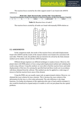 90
The reaction forces exerted by the roller support (node C) are found with ANSYS
solution as:
Table 11. Reaction force of node C
The reaction forces exerted by all nodes are found with manually FEM solution as:
5.2. ASSESSMENTS
In the comparison made, the results of the reaction forces and nodal displacements
found with ANSYS and the results of the manual solution were found to be consistent with
each other. With this result, the problems that are desired to be solved by the finite element
method can be reliably solved with the ANSYS program.
Different design engineers use different techniques to analyse trusses. However, this
project deals with FEM analysis of truss using nodal displacement method and validating the
results using software. Using this method, we were able to find the reaction forces and nodal
displacements of the truss for carrying the specified load and these results are in accordance
with those obtained from the software. This method can also be applied to a wide range of
trusses to find the reaction forces areas of the element.
Using the FEM, one can usually expect only an approximated solution. However, we
obtained the exact solution for truss structure. This is because the exact solution of the
deformation for the truss is a first order polynomial. The only difference is the shape
functions. For further development of this application this type of load could be included. It
also would be beneficial to expand analysis to enable to solve not just planar but also spatial
problems.
(
𝑅𝐴𝑥
𝑅𝐴𝑦
𝑅𝐵𝑥
𝑅𝐵𝑦
𝑅𝐶𝑥
𝑅𝐶𝑦
𝑅𝐸𝑥
𝑅𝐸𝑦
𝑅𝐷𝑥
𝑅𝐷𝑦 )
=
(
0.8
1750.28
−2.14
1.22
1.34
1250.34
0.1
0.86
−0.1
−0.98 )
N
 