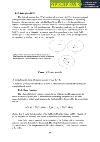 14
1.2.5. Principles of FEA
The finite element method (FEM), or finite element analysis (FEA), is a computational
technique used to obtain approximate solutions of boundary value problems in engineering.
Boundary value problems are also called field problems. The field is the domain of interest
and most often represents a physical structure. The field variables are the dependent variables
of interest governed by the differential equation. The boundary conditions are the specified
values of the field variables (or related variables such as derivatives) on the boundaries of the
field. For simplicity, at this point, we assume a two-dimensional case with a single field
variable φ(x, y) to be determined at every point P(x, y) such that a known governing equation
(or equations) is satisfied exactly at every such point.
Figure 10. Domain Methods
-A finite element is not a differential element of size dx × dy.
- A node is a specific point in the finite element at which the value of the field variable is to
be explicitly calculated.
1.2.6. Shape Functions
The values of the field variable computed at the nodes are used to approximate the
values at non-nodal points (that is, in the element interior) by interpolation of the nodal
values. For the three-node triangle example, the field variable is described by the approximate
relation
where φ 1, φ 2, and φ 3 are the values of the field variable at the nodes, and N1, N2, and N3
are the interpolation functions, also known as shape functions or blending functions.
In the finite element approach, the nodal values of the field variable are treated as
unknown constants that are to be determined. The interpolation functions are most often
polynomial forms of the independent variables, derived to satisfy certain required conditions
at the nodes.
 