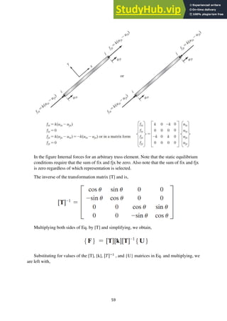59
In the figure Internal forces for an arbitrary truss element. Note that the static equilibrium
conditions require that the sum of fix and fjx be zero. Also note that the sum of fix and fjx
is zero regardless of which representation is selected.
The inverse of the transformation matrix [T] and is,
Multiplying both sides of Eq. by [T] and simplifying, we obtain,
Substituting for values of the [T], [k], [𝑇]−1
, and {U} matrices in Eq. and multiplying, we
are left with,
 