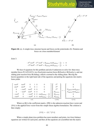 62
Figure 44. (a). A simple truss structure layout and forces on the joints/nodes (b). Notation and
forces on a truss member/element
Joint 3:
We have 6 equations for this problem and also 6 unknowns to solve for: three truss
member forces F(1),F(2),F(3), two fixed joint reaction forces R(fixed,x), R(fixed,y) y and one
sliding joint reaction force R(sliding), which is normal to the sliding plane. Moving the
known quantities to the right hand side of the equations and putting the equations into matrix
form yields:
Where as [K] is the coefficient matrix, {FR} is the unknown reaction force vector and
{FA} is the applied force vector from this simple linear algebra formulation. The solution is
then simply:
When a simple plane truss problem has more members and joints, two force balance
equations are written for each joint, and then all the equations are assembled into the matrix
 