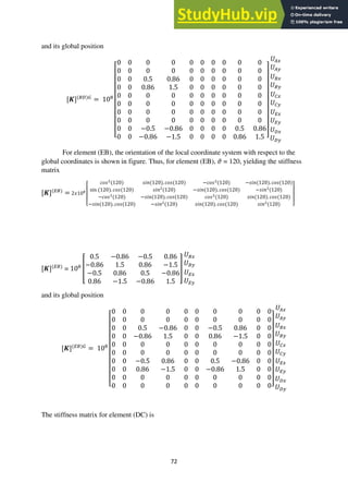 72
and its global position
[𝑲](𝐵𝐷)𝐺
= 108
[
0 0 0 0 0 0 0 0 0 0
0 0 0 0 0 0 0 0 0 0
0 0 0.5 0.86 0 0 0 0 0 0
0 0 0.86 1.5 0 0 0 0 0 0
0 0 0 0 0 0 0 0 0 0
0 0 0 0 0 0 0 0 0 0
0 0 0 0 0 0 0 0 0 0
0 0 0 0 0 0 0 0 0 0
0 0 −0.5 −0.86 0 0 0 0 0.5 0.86
0 0 −0.86 −1.5 0 0 0 0 0.86 1.5 ]
𝑈𝐴𝑥
𝑈𝐴𝑦
𝑈𝐵𝑥
𝑈𝐵𝑦
𝑈𝐶𝑥
𝑈𝐶𝑦
𝑈𝐸𝑥
𝑈𝐸𝑦
𝑈𝐷𝑥
𝑈𝐷𝑦
For element (EB), the orientation of the local coordinate system with respect to the
global coordinates is shown in figure. Thus, for element (EB), 𝜗 = 120, yielding the stiffness
matrix
[𝑲](𝐸𝐵)
= 2𝑥108
[
𝑐𝑜𝑠2(120) 𝑠𝑖𝑛(120). 𝑐𝑜𝑠(120) −𝑐𝑜𝑠2(120) −𝑠𝑖𝑛(120). 𝑐𝑜𝑠(120)
sin (120). 𝑐𝑜𝑠(120) 𝑠𝑖𝑛2
(120) −𝑠𝑖𝑛(120). 𝑐𝑜𝑠(120) −𝑠𝑖𝑛2
(120)
−𝑐𝑜𝑠2
(120) −𝑠𝑖𝑛(120). 𝑐𝑜𝑠(120) 𝑐𝑜𝑠2
(120) 𝑠𝑖𝑛(120). 𝑐𝑜𝑠(120)
−𝑠𝑖𝑛(120). 𝑐𝑜𝑠(120) −𝑠𝑖𝑛2(120) 𝑠𝑖𝑛(120). 𝑐𝑜𝑠(120) 𝑠𝑖𝑛2(120) ]
[𝑲](𝐸𝐵)
= 108
[
0.5 −0.86 −0.5 0.86
−0.86 1.5 0.86 −1.5
−0.5 0.86 0.5 −0.86
0.86 −1.5 −0.86 1.5
]
𝑈𝐵𝑥
𝑈𝐵𝑦
𝑈𝐸𝑥
𝑈𝐸𝑦
and its global position
[𝑲](𝐸𝐵)𝐺
= 108
[
0 0 0 0 0 0 0 0 0 0
0 0 0 0 0 0 0 0 0 0
0 0 0.5 −0.86 0 0 −0.5 0.86 0 0
0 0 −0.86 1.5 0 0 0.86 −1.5 0 0
0 0 0 0 0 0 0 0 0 0
0 0 0 0 0 0 0 0 0 0
0 0 −0.5 0.86 0 0 0.5 −0.86 0 0
0 0 0.86 −1.5 0 0 −0.86 1.5 0 0
0 0 0 0 0 0 0 0 0 0
0 0 0 0 0 0 0 0 0 0]
𝑈𝐴𝑥
𝑈𝐴𝑦
𝑈𝐵𝑥
𝑈𝐵𝑦
𝑈𝐶𝑥
𝑈𝐶𝑦
𝑈𝐸𝑥
𝑈𝐸𝑦
𝑈𝐷𝑥
𝑈𝐷𝑦
The stiffness matrix for element (DC) is
 