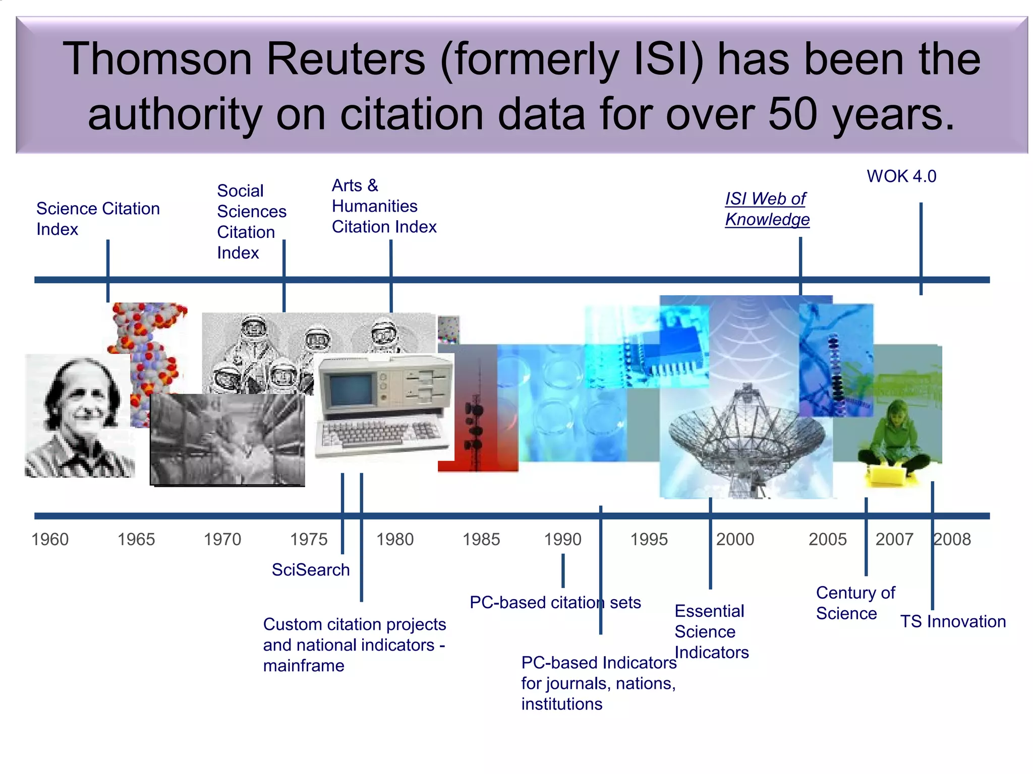 Science Citation
Index
Arts &
Humanities
Citation Index
WOK 4.0
Social
Sciences
Citation
Index
ISI Web of
Knowledge
1960 1965 1970 1975 1980 1985 1990 1995 2000 2005 2007 2008
SciSearch
Century of
Science TS Innovation
Essential
Science
Indicators
PC-based Indicators
for journals, nations,
institutions
PC-based citation sets
Custom citation projects
and national indicators -
mainframe
Thomson Reuters (formerly ISI) has been the
authority on citation data for over 50 years.
©2016-2017 Nader Ale Ebrahim
 
