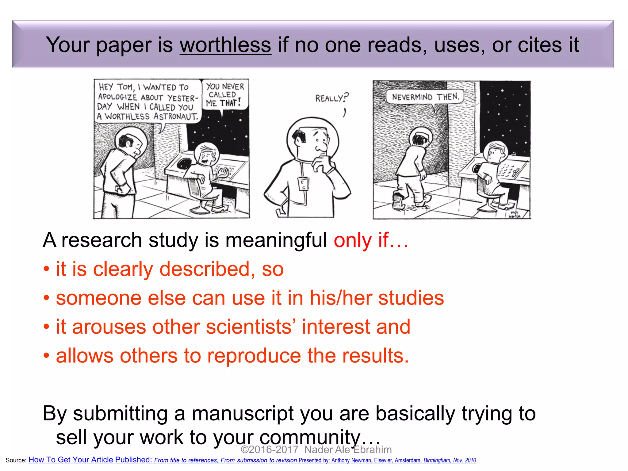 Your paper is worthless if no one reads, uses, or cites it
A research study is meaningful only if…
• it is clearly described, so
• someone else can use it in his/her studies
• it arouses other scientists’ interest and
• allows others to reproduce the results.
By submitting a manuscript you are basically trying to
sell your work to your community…
Source: How To Get Your Article Published: From title to references, From submission to revision Presented by: Anthony Newman, Elsevier, Amsterdam, Birmingham, Nov. 2010
©2016-2017 Nader Ale Ebrahim
 