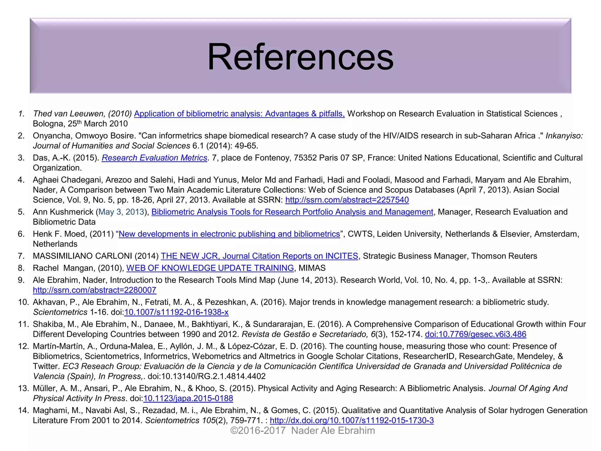 References
1. Thed van Leeuwen, (2010) Application of bibliometric analysis: Advantages & pitfalls, Workshop on Research Evaluation in Statistical Sciences ,
Bologna, 25th March 2010
2. Onyancha, Omwoyo Bosire. "Can informetrics shape biomedical research? A case study of the HIV/AIDS research in sub-Saharan Africa ." Inkanyiso:
Journal of Humanities and Social Sciences 6.1 (2014): 49-65.
3. Das, A.-K. (2015). Research Evaluation Metrics. 7, place de Fontenoy, 75352 Paris 07 SP, France: United Nations Educational, Scientific and Cultural
Organization.
4. Aghaei Chadegani, Arezoo and Salehi, Hadi and Yunus, Melor Md and Farhadi, Hadi and Fooladi, Masood and Farhadi, Maryam and Ale Ebrahim,
Nader, A Comparison between Two Main Academic Literature Collections: Web of Science and Scopus Databases (April 7, 2013). Asian Social
Science, Vol. 9, No. 5, pp. 18-26, April 27, 2013. Available at SSRN: http://ssrn.com/abstract=2257540
5. Ann Kushmerick (May 3, 2013), Bibliometric Analysis Tools for Research Portfolio Analysis and Management, Manager, Research Evaluation and
Bibliometric Data
6. Henk F. Moed, (2011) “New developments in electronic publishing and bibliometrics”, CWTS, Leiden University, Netherlands & Elsevier, Amsterdam,
Netherlands
7. MASSIMILIANO CARLONI (2014) THE NEW JCR, Journal Citation Reports on INCITES, Strategic Business Manager, Thomson Reuters
8. Rachel Mangan, (2010), WEB OF KNOWLEDGE UPDATE TRAINING, MIMAS
9. Ale Ebrahim, Nader, Introduction to the Research Tools Mind Map (June 14, 2013). Research World, Vol. 10, No. 4, pp. 1-3,. Available at SSRN:
http://ssrn.com/abstract=2280007
10. Akhavan, P., Ale Ebrahim, N., Fetrati, M. A., & Pezeshkan, A. (2016). Major trends in knowledge management research: a bibliometric study.
Scientometrics 1-16. doi:10.1007/s11192-016-1938-x
11. Shakiba, M., Ale Ebrahim, N., Danaee, M., Bakhtiyari, K., & Sundararajan, E. (2016). A Comprehensive Comparison of Educational Growth within Four
Different Developing Countries between 1990 and 2012. Revista de Gestão e Secretariado, 6(3), 152-174. doi:10.7769/gesec.v6i3.486
12. Martín-Martín, A., Orduna-Malea, E., Ayllón, J. M., & López-Cózar, E. D. (2016). The counting house, measuring those who count: Presence of
Bibliometrics, Scientometrics, Informetrics, Webometrics and Altmetrics in Google Scholar Citations, ResearcherID, ResearchGate, Mendeley, &
Twitter. EC3 Reseach Group: Evaluación de la Ciencia y de la Comunicación Científica Universidad de Granada and Universidad Politécnica de
Valencia (Spain), In Progress,. doi:10.13140/RG.2.1.4814.4402
13. Müller, A. M., Ansari, P., Ale Ebrahim, N., & Khoo, S. (2015). Physical Activity and Aging Research: A Bibliometric Analysis. Journal Of Aging And
Physical Activity In Press. doi:10.1123/japa.2015-0188
14. Maghami, M., Navabi Asl, S., Rezadad, M. i., Ale Ebrahim, N., & Gomes, C. (2015). Qualitative and Quantitative Analysis of Solar hydrogen Generation
Literature From 2001 to 2014. Scientometrics 105(2), 759-771. : http://dx.doi.org/10.1007/s11192-015-1730-3
©2016-2017 Nader Ale Ebrahim
 