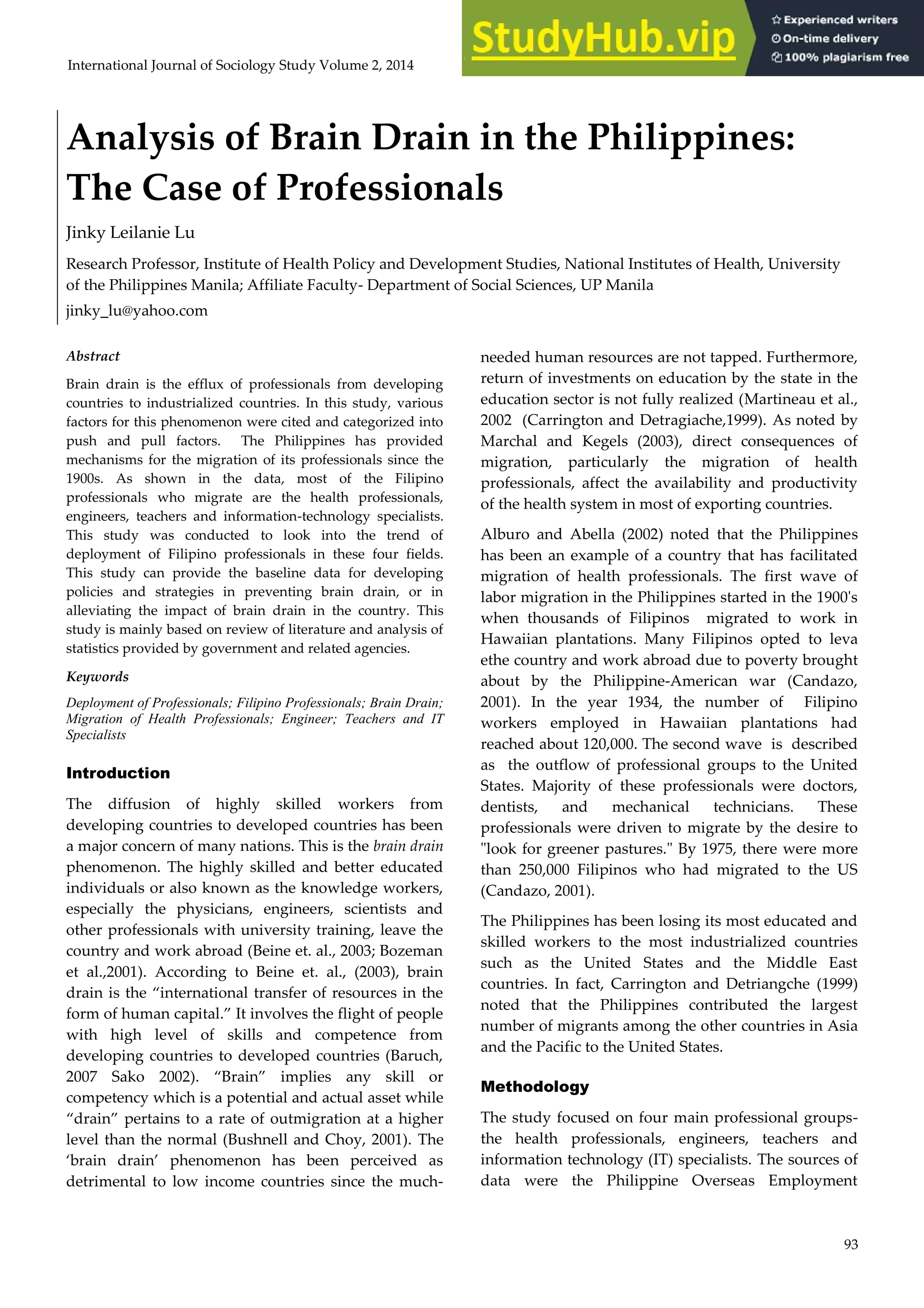 Analysis Of Brain Drain In The Philippines The Case Of Professionals | PDF