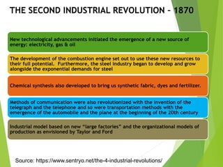THE SECOND INDUSTRIAL REVOLUTION – 1870
New technological advancements initiated the emergence of a new source of
energy: electricity, gas & oil
The development of the combustion engine set out to use these new resources to
their full potential. Furthermore, the steel industry began to develop and grow
alongside the exponential demands for steel
Chemical synthesis also developed to bring us synthetic fabric, dyes and fertilizer.
Methods of communication were also revolutionized with the invention of the
telegraph and the telephone and so were transportation methods with the
emergence of the automobile and the plane at the beginning of the 20th century
Industrial model based on new “large factories” and the organizational models of
production as envisioned by Taylor and Ford
Source: https://www.sentryo.net/the-4-industrial-revolutions/
 