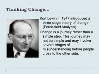Thinking Change…
Kurt Lewin in 1947 introduced a
three stage theory of change
(Force-field Analysis)
Change is a journey r...