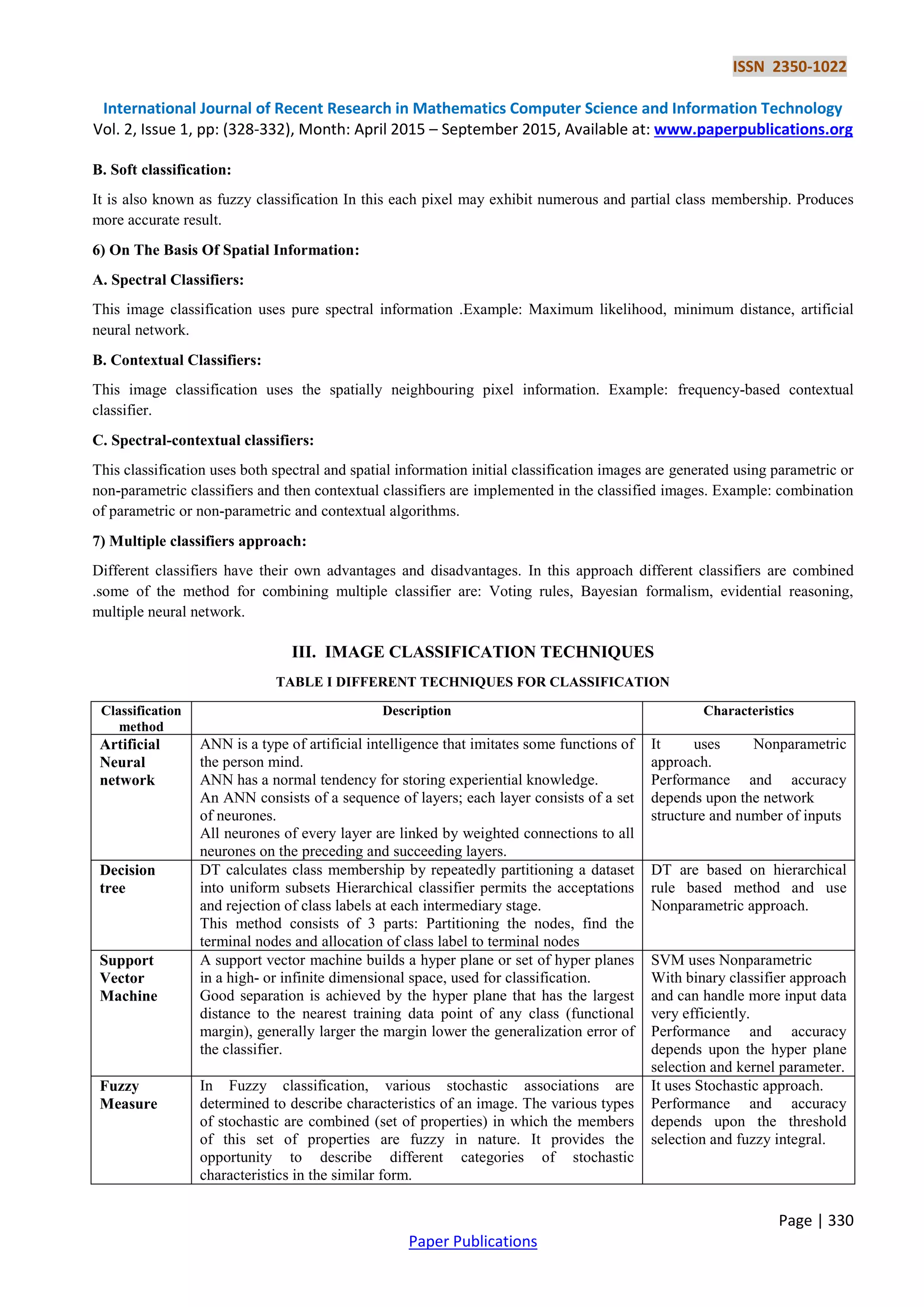 ISSN 2350-1022
International Journal of Recent Research in Mathematics Computer Science and Information Technology
Vol. 2, Issue 1, pp: (328-332), Month: April 2015 – September 2015, Available at: www.paperpublications.org
Page | 330
Paper Publications
B. Soft classification:
It is also known as fuzzy classification In this each pixel may exhibit numerous and partial class membership. Produces
more accurate result.
6) On The Basis Of Spatial Information:
A. Spectral Classifiers:
This image classification uses pure spectral information .Example: Maximum likelihood, minimum distance, artificial
neural network.
B. Contextual Classifiers:
This image classification uses the spatially neighbouring pixel information. Example: frequency-based contextual
classifier.
C. Spectral-contextual classifiers:
This classification uses both spectral and spatial information initial classification images are generated using parametric or
non-parametric classifiers and then contextual classifiers are implemented in the classified images. Example: combination
of parametric or non-parametric and contextual algorithms.
7) Multiple classifiers approach:
Different classifiers have their own advantages and disadvantages. In this approach different classifiers are combined
.some of the method for combining multiple classifier are: Voting rules, Bayesian formalism, evidential reasoning,
multiple neural network.
III. IMAGE CLASSIFICATION TECHNIQUES
TABLE I DIFFERENT TECHNIQUES FOR CLASSIFICATION
Classification
method
Description Characteristics
Artificial
Neural
network
ANN is a type of artificial intelligence that imitates some functions of
the person mind.
ANN has a normal tendency for storing experiential knowledge.
An ANN consists of a sequence of layers; each layer consists of a set
of neurones.
All neurones of every layer are linked by weighted connections to all
neurones on the preceding and succeeding layers.
It uses Nonparametric
approach.
Performance and accuracy
depends upon the network
structure and number of inputs
Decision
tree
DT calculates class membership by repeatedly partitioning a dataset
into uniform subsets Hierarchical classifier permits the acceptations
and rejection of class labels at each intermediary stage.
This method consists of 3 parts: Partitioning the nodes, find the
terminal nodes and allocation of class label to terminal nodes
DT are based on hierarchical
rule based method and use
Nonparametric approach.
Support
Vector
Machine
A support vector machine builds a hyper plane or set of hyper planes
in a high- or infinite dimensional space, used for classification.
Good separation is achieved by the hyper plane that has the largest
distance to the nearest training data point of any class (functional
margin), generally larger the margin lower the generalization error of
the classifier.
SVM uses Nonparametric
With binary classifier approach
and can handle more input data
very efficiently.
Performance and accuracy
depends upon the hyper plane
selection and kernel parameter.
Fuzzy
Measure
In Fuzzy classification, various stochastic associations are
determined to describe characteristics of an image. The various types
of stochastic are combined (set of properties) in which the members
of this set of properties are fuzzy in nature. It provides the
opportunity to describe different categories of stochastic
characteristics in the similar form.
It uses Stochastic approach.
Performance and accuracy
depends upon the threshold
selection and fuzzy integral.
 