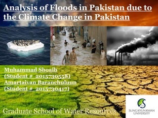 ANALYSIS OF
CLIMATE CHANGE ON
WATER RESOURCES
OF PAKISTAN
Graduate School of Water Resources
Analysis of Floods in Pakistan due to
the Climate Change in Pakistan
Graduate School of Water Resources
Muhammad Shoaib
(Student # 2015730558)
Amartaivan Baranchuluun
(Student # 2015730417)
 