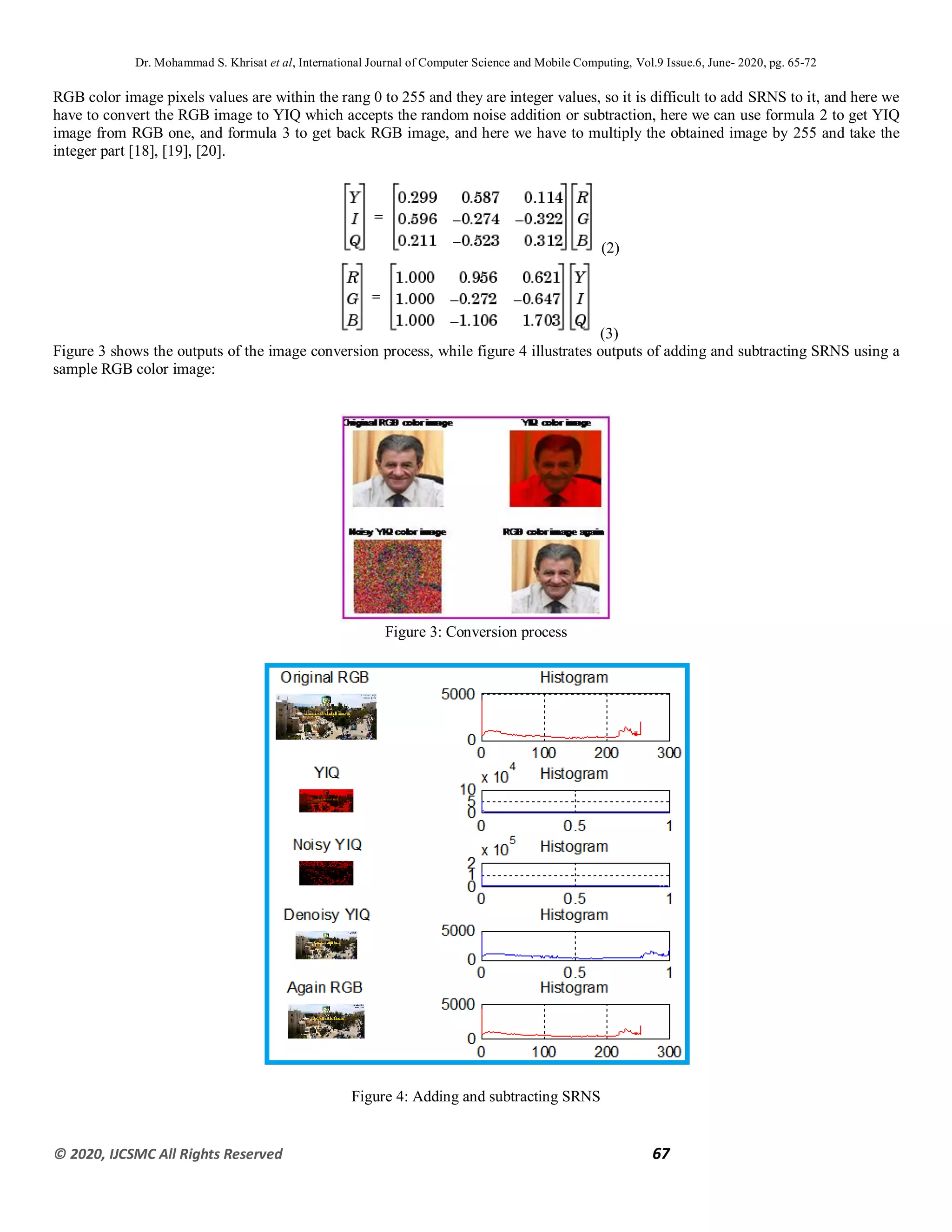 Dr. Mohammad S. Khrisat et al, International Journal of Computer Science and Mobile Computing, Vol.9 Issue.6, June- 2020, pg. 65-72
© 2020, IJCSMC All Rights Reserved 67
RGB color image pixels values are within the rang 0 to 255 and they are integer values, so it is difficult to add SRNS to it, and here we
have to convert the RGB image to YIQ which accepts the random noise addition or subtraction, here we can use formula 2 to get YIQ
image from RGB one, and formula 3 to get back RGB image, and here we have to multiply the obtained image by 255 and take the
integer part [18], [19], [20].
(2)
(3)
Figure 3 shows the outputs of the image conversion process, while figure 4 illustrates outputs of adding and subtracting SRNS using a
sample RGB color image:
Figure 3: Conversion process
Figure 4: Adding and subtracting SRNS
 