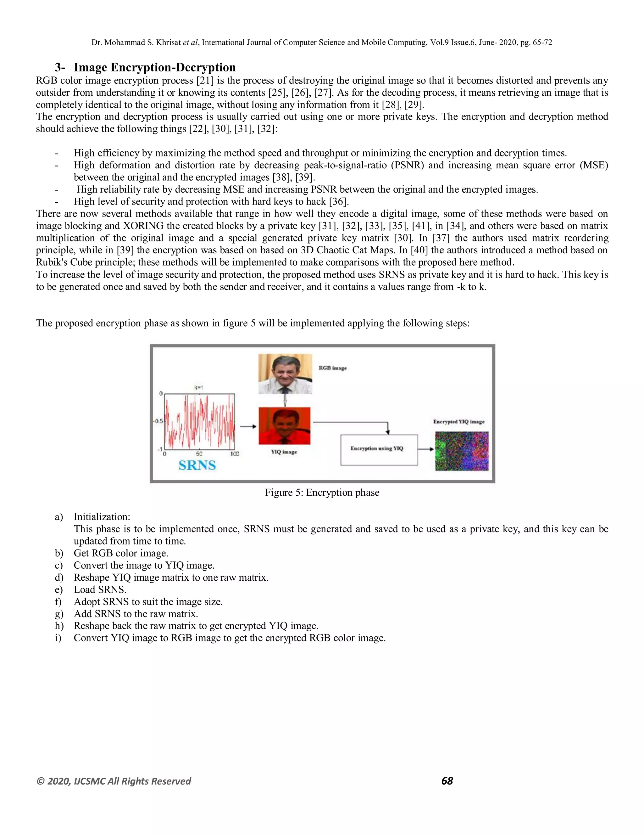 Dr. Mohammad S. Khrisat et al, International Journal of Computer Science and Mobile Computing, Vol.9 Issue.6, June- 2020, pg. 65-72
© 2020, IJCSMC All Rights Reserved 68
3- Image Encryption-Decryption
RGB color image encryption process [21] is the process of destroying the original image so that it becomes distorted and prevents any
outsider from understanding it or knowing its contents [25], [26], [27]. As for the decoding process, it means retrieving an image that is
completely identical to the original image, without losing any information from it [28], [29].
The encryption and decryption process is usually carried out using one or more private keys. The encryption and decryption method
should achieve the following things [22], [30], [31], [32]:
- High efficiency by maximizing the method speed and throughput or minimizing the encryption and decryption times.
- High deformation and distortion rate by decreasing peak-to-signal-ratio (PSNR) and increasing mean square error (MSE)
between the original and the encrypted images [38], [39].
- High reliability rate by decreasing MSE and increasing PSNR between the original and the encrypted images.
- High level of security and protection with hard keys to hack [36].
There are now several methods available that range in how well they encode a digital image, some of these methods were based on
image blocking and XORING the created blocks by a private key [31], [32], [33], [35], [41], in [34], and others were based on matrix
multiplication of the original image and a special generated private key matrix [30]. In [37] the authors used matrix reordering
principle, while in [39] the encryption was based on based on 3D Chaotic Cat Maps. In [40] the authors introduced a method based on
Rubik's Cube principle; these methods will be implemented to make comparisons with the proposed here method.
To increase the level of image security and protection, the proposed method uses SRNS as private key and it is hard to hack. This key is
to be generated once and saved by both the sender and receiver, and it contains a values range from -k to k.
The proposed encryption phase as shown in figure 5 will be implemented applying the following steps:
Figure 5: Encryption phase
a) Initialization:
This phase is to be implemented once, SRNS must be generated and saved to be used as a private key, and this key can be
updated from time to time.
b) Get RGB color image.
c) Convert the image to YIQ image.
d) Reshape YIQ image matrix to one raw matrix.
e) Load SRNS.
f) Adopt SRNS to suit the image size.
g) Add SRNS to the raw matrix.
h) Reshape back the raw matrix to get encrypted YIQ image.
i) Convert YIQ image to RGB image to get the encrypted RGB color image.
 