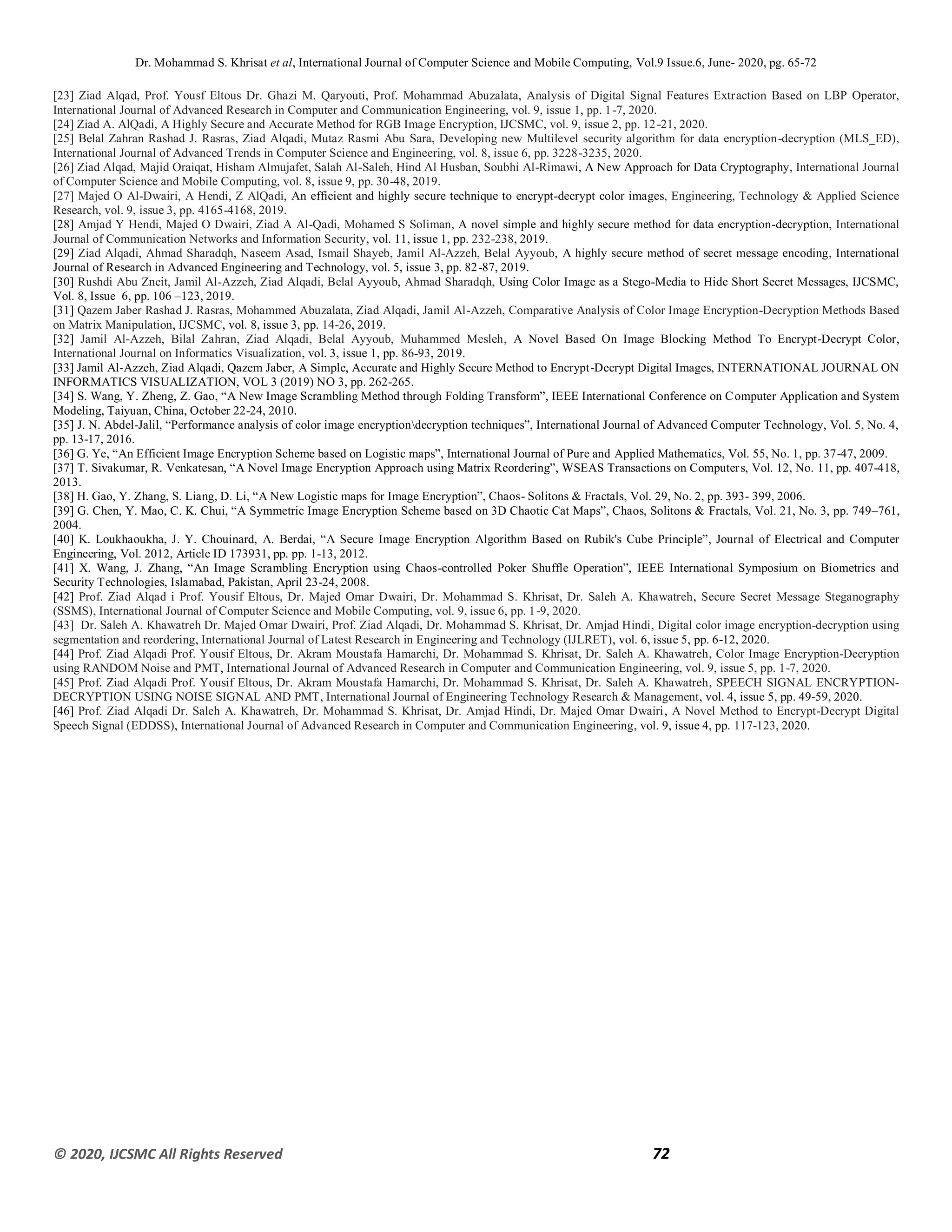 Dr. Mohammad S. Khrisat et al, International Journal of Computer Science and Mobile Computing, Vol.9 Issue.6, June- 2020, pg. 65-72
© 2020, IJCSMC All Rights Reserved 72
[23] Ziad Alqad, Prof. Yousf Eltous Dr. Ghazi M. Qaryouti, Prof. Mohammad Abuzalata, Analysis of Digital Signal Features Extraction Based on LBP Operator,
International Journal of Advanced Research in Computer and Communication Engineering, vol. 9, issue 1, pp. 1-7, 2020.
[24] Ziad A. AlQadi, A Highly Secure and Accurate Method for RGB Image Encryption, IJCSMC, vol. 9, issue 2, pp. 12-21, 2020.
[25] Belal Zahran Rashad J. Rasras, Ziad Alqadi, Mutaz Rasmi Abu Sara, Developing new Multilevel security algorithm for data encryption-decryption (MLS_ED),
International Journal of Advanced Trends in Computer Science and Engineering, vol. 8, issue 6, pp. 3228-3235, 2020.
[26] Ziad Alqad, Majid Oraiqat, Hisham Almujafet, Salah Al-Saleh, Hind Al Husban, Soubhi Al-Rimawi, A New Approach for Data Cryptography, International Journal
of Computer Science and Mobile Computing, vol. 8, issue 9, pp. 30-48, 2019.
[27] Majed O Al-Dwairi, A Hendi, Z AlQadi, An efficient and highly secure technique to encrypt-decrypt color images, Engineering, Technology & Applied Science
Research, vol. 9, issue 3, pp. 4165-4168, 2019.
[28] Amjad Y Hendi, Majed O Dwairi, Ziad A Al-Qadi, Mohamed S Soliman, A novel simple and highly secure method for data encryption-decryption, International
Journal of Communication Networks and Information Security, vol. 11, issue 1, pp. 232-238, 2019.
[29] Ziad Alqadi, Ahmad Sharadqh, Naseem Asad, Ismail Shayeb, Jamil Al-Azzeh, Belal Ayyoub, A highly secure method of secret message encoding, International
Journal of Research in Advanced Engineering and Technology, vol. 5, issue 3, pp. 82-87, 2019.
[30] Rushdi Abu Zneit, Jamil Al-Azzeh, Ziad Alqadi, Belal Ayyoub, Ahmad Sharadqh, Using Color Image as a Stego-Media to Hide Short Secret Messages, IJCSMC,
Vol. 8, Issue 6, pp. 106 –123, 2019.
[31] Qazem Jaber Rashad J. Rasras, Mohammed Abuzalata, Ziad Alqadi, Jamil Al-Azzeh, Comparative Analysis of Color Image Encryption-Decryption Methods Based
on Matrix Manipulation, IJCSMC, vol. 8, issue 3, pp. 14-26, 2019.
[32] Jamil Al-Azzeh, Bilal Zahran, Ziad Alqadi, Belal Ayyoub, Muhammed Mesleh, A Novel Based On Image Blocking Method To Encrypt-Decrypt Color,
International Journal on Informatics Visualization, vol. 3, issue 1, pp. 86-93, 2019.
[33] Jamil Al-Azzeh, Ziad Alqadi, Qazem Jaber, A Simple, Accurate and Highly Secure Method to Encrypt-Decrypt Digital Images, INTERNATIONAL JOURNAL ON
INFORMATICS VISUALIZATION, VOL 3 (2019) NO 3, pp. 262-265.
[34] S. Wang, Y. Zheng, Z. Gao, “A New Image Scrambling Method through Folding Transform”, IEEE International Conference on Computer Application and System
Modeling, Taiyuan, China, October 22-24, 2010.
[35] J. N. Abdel-Jalil, “Performance analysis of color image encryptiondecryption techniques”, International Journal of Advanced Computer Technology, Vol. 5, No. 4,
pp. 13-17, 2016.
[36] G. Ye, “An Efficient Image Encryption Scheme based on Logistic maps”, International Journal of Pure and Applied Mathematics, Vol. 55, No. 1, pp. 37-47, 2009.
[37] T. Sivakumar, R. Venkatesan, “A Novel Image Encryption Approach using Matrix Reordering”, WSEAS Transactions on Computers, Vol. 12, No. 11, pp. 407-418,
2013.
[38] H. Gao, Y. Zhang, S. Liang, D. Li, “A New Logistic maps for Image Encryption”, Chaos- Solitons & Fractals, Vol. 29, No. 2, pp. 393- 399, 2006.
[39] G. Chen, Y. Mao, C. K. Chui, “A Symmetric Image Encryption Scheme based on 3D Chaotic Cat Maps”, Chaos, Solitons & Fractals, Vol. 21, No. 3, pp. 749–761,
2004.
[40] K. Loukhaoukha, J. Y. Chouinard, A. Berdai, “A Secure Image Encryption Algorithm Based on Rubik's Cube Principle”, Journal of Electrical and Computer
Engineering, Vol. 2012, Article ID 173931, pp. pp. 1-13, 2012.
[41] X. Wang, J. Zhang, “An Image Scrambling Encryption using Chaos-controlled Poker Shuffle Operation”, IEEE International Symposium on Biometrics and
Security Technologies, Islamabad, Pakistan, April 23-24, 2008.
[42] Prof. Ziad Alqad i Prof. Yousif Eltous, Dr. Majed Omar Dwairi, Dr. Mohammad S. Khrisat, Dr. Saleh A. Khawatreh, Secure Secret Message Steganography
(SSMS), International Journal of Computer Science and Mobile Computing, vol. 9, issue 6, pp. 1-9, 2020.
[43] Dr. Saleh A. Khawatreh Dr. Majed Omar Dwairi, Prof. Ziad Alqadi, Dr. Mohammad S. Khrisat, Dr. Amjad Hindi, Digital color image encryption-decryption using
segmentation and reordering, International Journal of Latest Research in Engineering and Technology (IJLRET), vol. 6, issue 5, pp. 6-12, 2020.
[44] Prof. Ziad Alqadi Prof. Yousif Eltous, Dr. Akram Moustafa Hamarchi, Dr. Mohammad S. Khrisat, Dr. Saleh A. Khawatreh, Color Image Encryption-Decryption
using RANDOM Noise and PMT, International Journal of Advanced Research in Computer and Communication Engineering, vol. 9, issue 5, pp. 1-7, 2020.
[45] Prof. Ziad Alqadi Prof. Yousif Eltous, Dr. Akram Moustafa Hamarchi, Dr. Mohammad S. Khrisat, Dr. Saleh A. Khawatreh, SPEECH SIGNAL ENCRYPTION-
DECRYPTION USING NOISE SIGNAL AND PMT, International Journal of Engineering Technology Research & Management, vol. 4, issue 5, pp. 49-59, 2020.
[46] Prof. Ziad Alqadi Dr. Saleh A. Khawatreh, Dr. Mohammad S. Khrisat, Dr. Amjad Hindi, Dr. Majed Omar Dwairi, A Novel Method to Encrypt-Decrypt Digital
Speech Signal (EDDSS), International Journal of Advanced Research in Computer and Communication Engineering, vol. 9, issue 4, pp. 117-123, 2020.
 