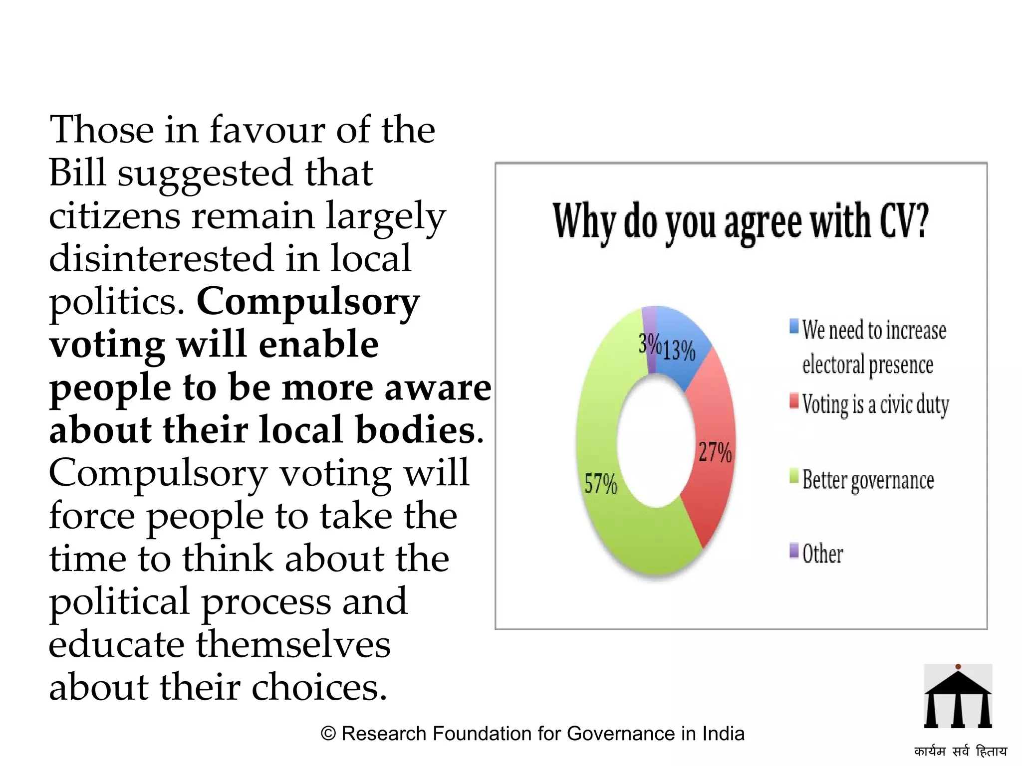Those in favour of the Bill suggested that citizens remain largely disinterested in local politics.  Compulsory voting will enable people to be more aware about their local bodies . Compulsory voting will force people to take the time to think about the political process and educate themselves about their choices.   © Research Foundation for Governance in India कार्यम सर्व हिताय   