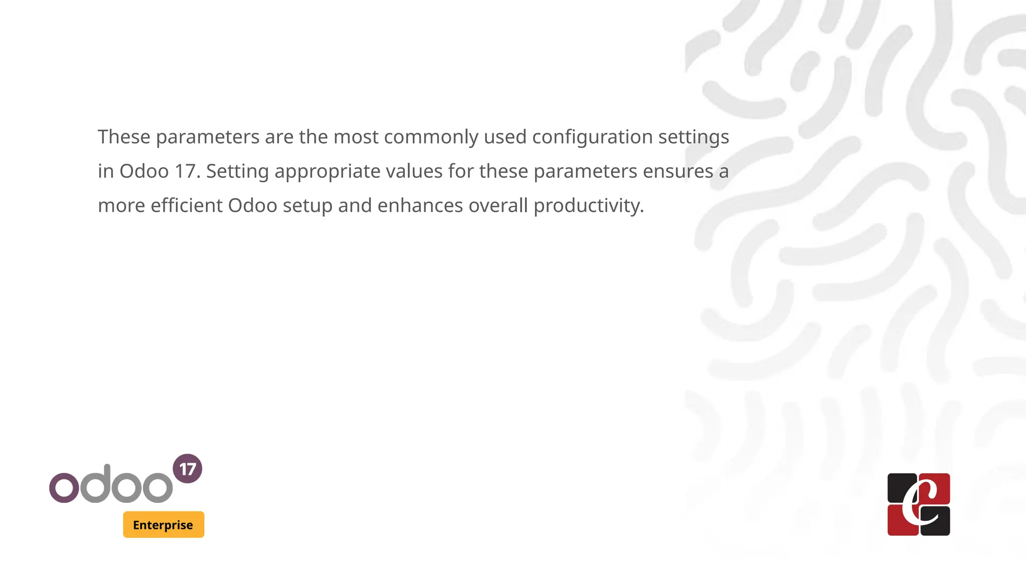 Enterprise
These parameters are the most commonly used configuration settings
in Odoo 17. Setting appropriate values for these parameters ensures a
more efficient Odoo setup and enhances overall productivity.
 