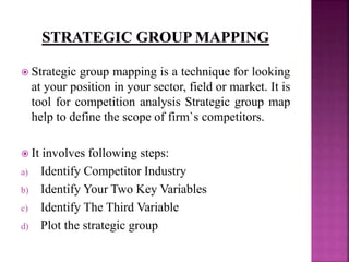  Strategic group mapping is a technique for looking
at your position in your sector, field or market. It is
tool for competition analysis Strategic group map
help to define the scope of firm`s competitors.
 It involves following steps:
a) Identify Competitor Industry
b) Identify Your Two Key Variables
c) Identify The Third Variable
d) Plot the strategic group
 
