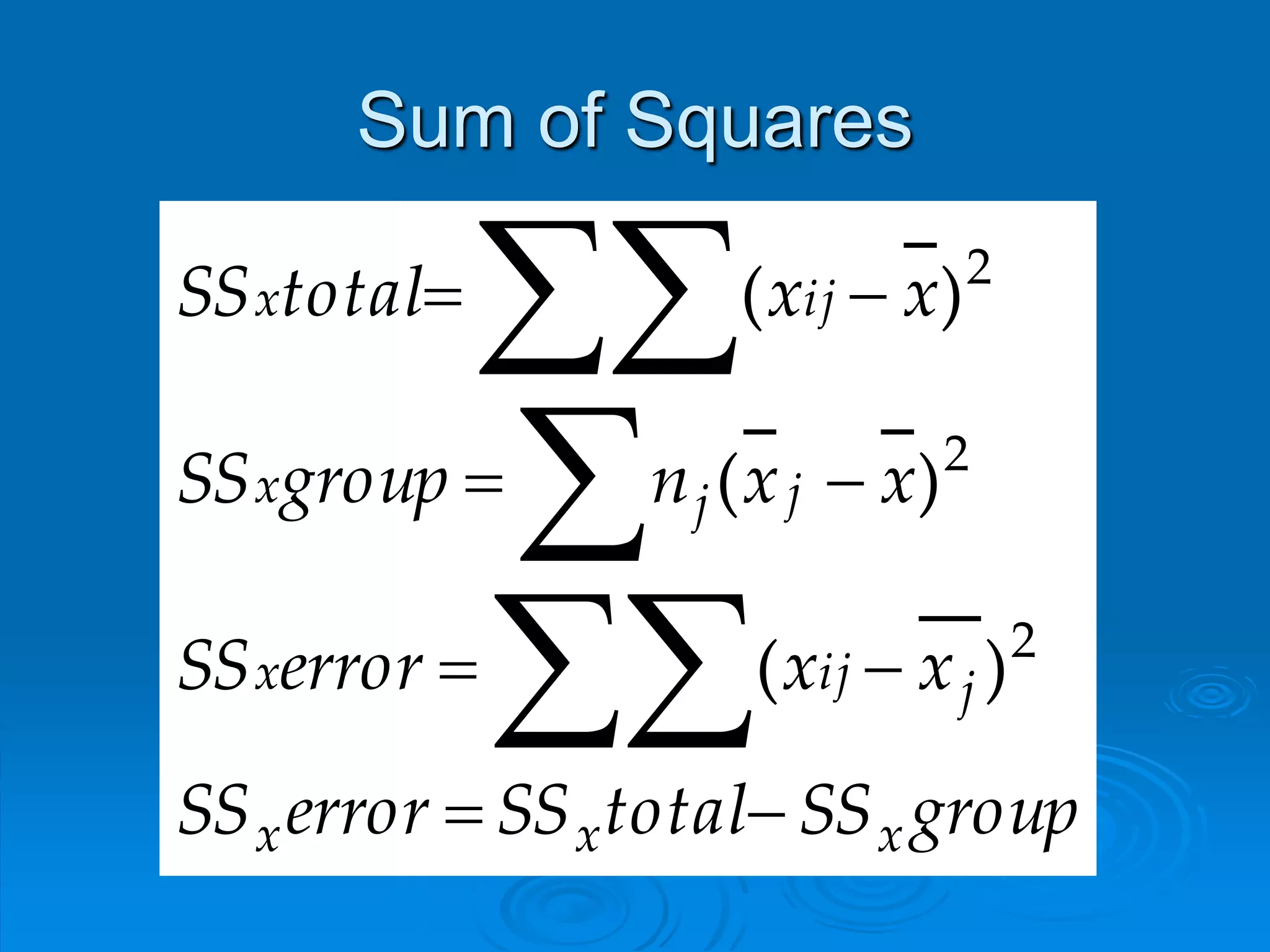 Sum of Squares
groupSStotalSSerrorSS
xxerrorSS
xxngroupSS
xxtotalSS
xxx
jijx
jjx
ijx







2
2
2
)(
)(
)(
 