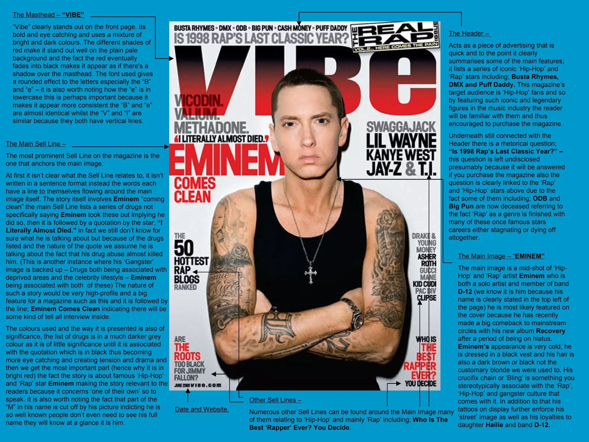 The Masthead –  “VIBE” “ Vibe” clearly stands out on the front page. Its bold and eye catching and uses a mixture of bright and dark colours. The different shades of red make it stand out well on the plain pale background and the fact the red eventually fades into black makes it appear as if there's a shadow over the masthead. The font used gives a rounded effect to the letters especially the “B” and “e” – it is also worth noting how the “e” is in lowercase this is perhaps important because it makes it appear more consistent the “B” and “e” are almost identical whilst the “V” and “I” are similar because they both have vertical lines.  The Header –  Acts as a piece of advertising that is quick and to the point it clearly summarises some of the main features; it lists a series of iconic ‘Hip-Hop’ and ‘Rap’ stars including;  Busta Rhymes, DMX and Puff Daddy.  This magazine’s target audience is ‘Hip-Hop’ fans and so by featuring such iconic and legendary figures in the music industry the reader will be familiar with them and thus encouraged to purchase the magazine.  Underneath still connected with the Header there is a rhetorical question;  “Is 1998 Rap’s Last Classic Year?” –  this question is left undisclosed presumably because it will be answered if you purchase the magazine also the question is clearly linked to the ‘Rap’ and ‘Hip-Hop’ stars above due to the fact some of them including;  ODB  and  Big Pun  are now deceased referring to the fact ‘Rap’ as a genre is finished with many of these once famous stars careers either stagnating or dying off altogether.  The Main Image – “ EMINEM” The main image is a mid-shot of ‘Hip-Hop’ and ‘Rap’ artist  Eminem  who is both a solo artist and member of band  D-12  (we know it is him because his name is clearly stated in the top left of the page) he is most likely featured on the cover because he has recently made a big comeback to mainstream circles with his new album  Recovery  after a period of being on hiatus.  Eminem’s  appearance is very cold, he is dressed in a black vest and his hair is also a dark brown or black not the customary blonde we were used to. His crucifix chain or ‘Bling’ is something you stereotypically associate with the ‘Rap’, ‘Hip-Hop’ and gangster culture that comes with it. In addition to that his tattoos on display further enforce his ‘street’ image as well as his loyalties to daughter  Hailie  and band  D-12. The Main Sell Line – The most prominent Sell Line on the magazine is the one that anchors the main image.  At first it isn’t clear what the Sell Line relates to, it isn’t written in a sentence format instead the words each have a line to themselves flowing around the main image itself. The story itself involves  Eminem  “coming clean” the main Sell Line lists a series of drugs not specifically saying  Eminem  took these but implying he did so, then it is followed by a quotation by the star;  “I Literally Almost Died.”  in fact we still don’t know for sure what he is talking about but because of the drugs listed and the nature of the quote we assume he is talking about the fact that his drug abuse almost killed him. (This is another instance where his ‘Gangster’ image is backed up – Drugs both being associated with deprived areas and the celebrity lifestyle –  Eminem  being associated with both  of these) The nature of such a story would be very high-profile and a big feature for a magazine such as this and it is followed by the line;  Eminem Comes Clean  indicating there will be some kind of tell all interview inside.  The colours used and the way it is presented is also of significance, the list of drugs is in a much darker grey colour as it is of little significance until it is associated with the quotation which is in black thus becoming more eye catching and creating tension and drama and then we get the most important part (hence why it is in bright red) the fact the story is about famous ‘Hip-Hop’ and ‘Rap’ star  Eminem  making the story relevant to the readers because it concerns ‘one of their own’ so to speak. It is also worth noting the fact that part of the “M” in his name is cut off by his picture indicting he is so well known people don’t even need to see his full name they will know at a glance it is him.  Other Sell Lines – Numerous other Sell Lines can be found around the Main Image many of them relating to ‘Hip-Hop’ and mainly ‘Rap’ including;  Who Is The Best ‘Rapper’ Ever? You Decide .  Date and Website. 