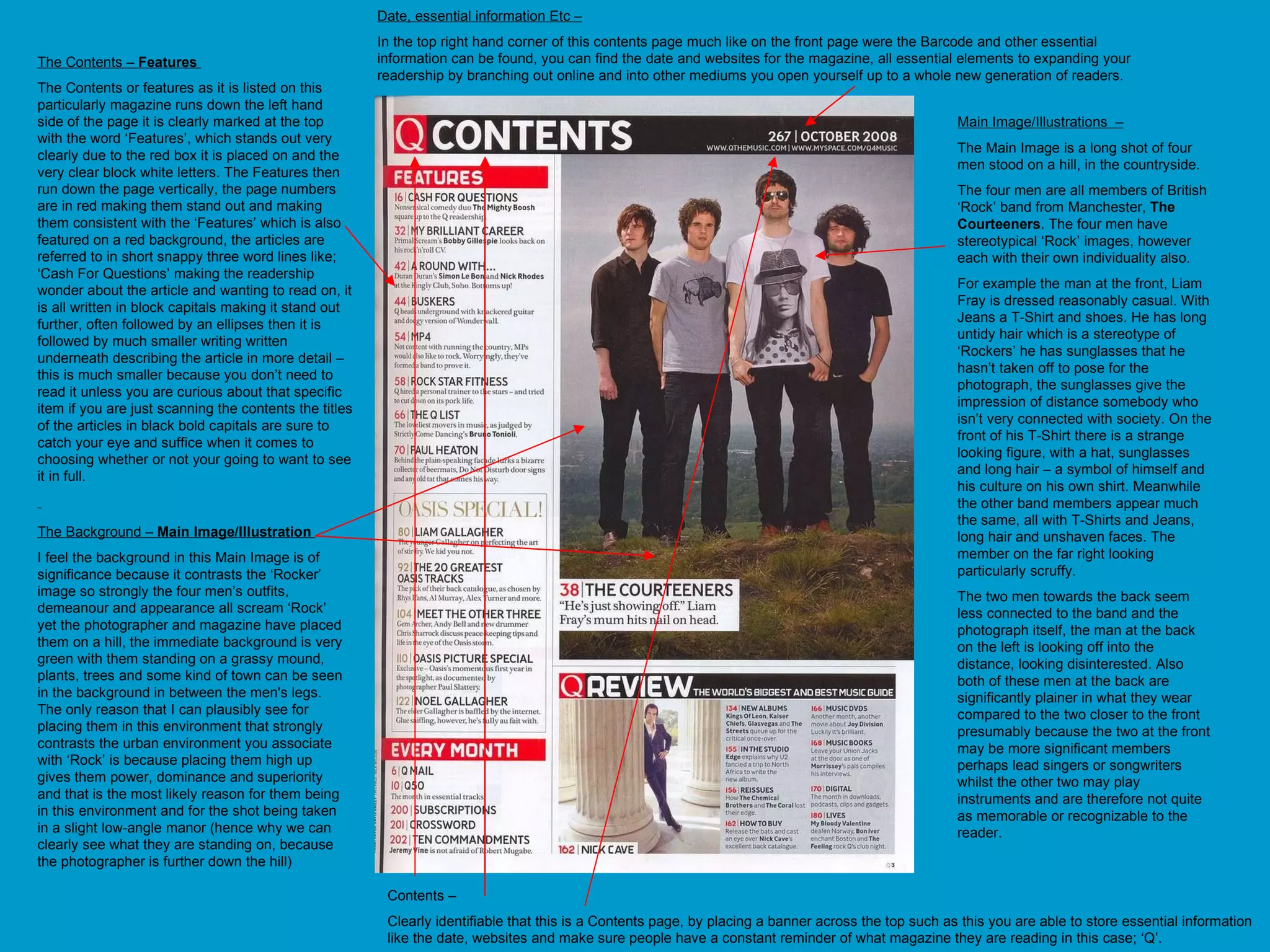 Main Image/Illustrations  – The Main Image is a long shot of four men stood on a hill, in the countryside.  The four men are all members of British ‘Rock’ band from Manchester,  The Courteeners . The four men have stereotypical ‘Rock’ images, however each with their own individuality also. For example the man at the front, Liam Fray is dressed reasonably casual. With Jeans a T-Shirt and shoes. He has long untidy hair which is a stereotype of ‘Rockers’ he has sunglasses that he hasn’t taken off to pose for the photograph, the sunglasses give the impression of distance somebody who isn’t very connected with society. On the front of his T-Shirt there is a strange looking figure, with a hat, sunglasses and long hair – a symbol of himself and his culture on his own shirt. Meanwhile the other band members appear much the same, all with T-Shirts and Jeans, long hair and unshaven faces. The member on the far right looking particularly scruffy.  The two men towards the back seem less connected to the band and the photograph itself, the man at the back on the left is looking off into the distance, looking disinterested. Also both of these men at the back are significantly plainer in what they wear compared to the two closer to the front presumably because the two at the front may be more significant members perhaps lead singers or songwriters whilst the other two may play instruments and are therefore not quite as memorable or recognizable to the reader.  The Background –  Main Image/Illustration   I feel the background in this Main Image is of significance because it contrasts the ‘Rocker’ image so strongly the four men’s outfits, demeanour and appearance all scream ‘Rock’ yet the photographer and magazine have placed them on a hill, the immediate background is very green with them standing on a grassy mound, plants, trees and some kind of town can be seen in the background in between the men's legs. The only reason that I can plausibly see for placing them in this environment that strongly contrasts the urban environment you associate with ‘Rock’ is because placing them high up gives them power, dominance and superiority and that is the most likely reason for them being in this environment and for the shot being taken in a slight low-angle manor (hence why we can clearly see what they are standing on, because the photographer is further down the hill) Date, essential information Etc – In the top right hand corner of this contents page much like on the front page were the Barcode and other essential information can be found, you can find the date and websites for the magazine, all essential elements to expanding your readership by branching out online and into other mediums you open yourself up to a whole new generation of readers.  The Contents –  Features  The Contents or features as it is listed on this particularly magazine runs down the left hand side of the page it is clearly marked at the top with the word ‘Features’, which stands out very clearly due to the red box it is placed on and the very clear block white letters. The Features then run down the page vertically, the page numbers are in red making them stand out and making them consistent with the ‘Features’ which is also featured on a red background, the articles are referred to in short snappy three word lines like; ‘Cash For Questions’ making the readership wonder about the article and wanting to read on, it is all written in block capitals making it stand out further, often followed by an ellipses then it is followed by much smaller writing written underneath describing the article in more detail – this is much smaller because you don’t need to read it unless you are curious about that specific item if you are just scanning the contents the titles of the articles in black bold capitals are sure to catch your eye and suffice when it comes to choosing whether or not your going to want to see it in full.  Contents –  Clearly identifiable that this is a Contents page, by placing a banner across the top such as this you are able to store essential information like the date, websites and make sure people have a constant reminder of what magazine they are reading in this case; ‘Q’. 