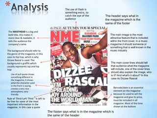 *                                                   The use of flash is
                                                    something extra, to
                                                    catch the eye of the         The header says what in
                                                    audience                     the magazine which is the
                                                                                 same of the footer

 The MASTHEAD is a big and
 bold title, this makes it                                                           The main image is the most
 more clear & readable, it                                                           attractive feature that is included
 tells the audience the                                                              within the front cover, in a music
 company’s name                                                                      magazine it should someone or
                                                                                     something that is well known in the
The background should refer to                                                       music industry
the genre of the magazine, in this
case its hip hop, which is why
Dizzee Rascal is used. The
background is graffiti which                                                         The main cover lines should tell
usually represents rap and hip                                                       that audience what the magazine
hop                                                                                  will include, one of the cover lines
                                                                                     should also explain the image, who
    Use of pull quote shows                                                          is it? And what's it about? In this
    something different in
                                                                                     case its Dizzee Rascal
    the magazine, it shows
    what the character used
    in the front is saying,
    creates a very nice                                                                Barcode/date is an essential
    atmosphere, very                                                                   element on the magazine
    friendly                                                                           because its used to sell the
                                                                                       magazine and give its price,
Rule of Third/Left Third – is left to
be free for some of the most
                                                                                       must be included in all
important information in the                                                           magazine. Most of the time
magazine, in this case a quote                                                         shown at the bottom

                                        The footer says what is in the magazine which is
                                        the same of the header
 