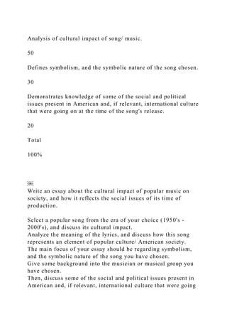 Analysis of cultural impact of song/ music.
50
Defines symbolism, and the symbolic nature of the song chosen.
30
Demonstrates knowledge of some of the social and political
issues present in American and, if relevant, international culture
that were going on at the time of the song's release.
20
Total
100%
￼
Write an essay about the cultural impact of popular music on
society, and how it reflects the social issues of its time of
production.
Select a popular song from the era of your choice (1950's -
2000's), and discuss its cultural impact.
Analyze the meaning of the lyrics, and discuss how this song
represents an element of popular culture/ American society.
The main focus of your essay should be regarding symbolism,
and the symbolic nature of the song you have chosen.
Give some background into the musician or musical group you
have chosen.
Then, discuss some of the social and political issues present in
American and, if relevant, international culture that were going
 
