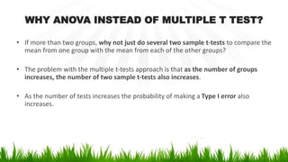 WHY ANOVA INSTEAD OF MULTIPLE T TEST?
• If more than two groups, why not just do several two sample t-tests to compare the
mean from one group with the mean from each of the other groups?
• The problem with the multiple t-tests approach is that as the number of groups
increases, the number of two sample t-tests also increases.
• As the number of tests increases the probability of making a Type I error also
increases.
 