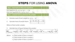 STEPS FOR USING ANOVA
Null Hypothesis H0 : μ1= μ2= μ3=………= μk
Alternate Hypothesis Ha : μ1≠ μ2 ≠ μ3 ≠ ……… ≠ μk
1. Calculate mean of each sample (x̄1, x̄2, x̄3…… x̄k)
2. Calculate mean of sample means:
Where k=Total number samples
3. Calculate Sum of Square between the samples:
Where n1=Total number of item in sample 1
n2=Total number of item in sample 2
n3=Total number of item in sample 3 …………………….
Step 1 : State Null and Alternate Hypothesis
Step 2 : Compute Variance Between the samples
k
XXXX
X K

.......321
22
33
2
22
2
11 )(......)()()( xxnxxnxxnxxnSS kkbetween 
 