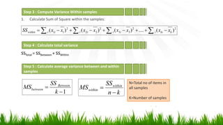 1. Calculate Sum of Square within the samples:
SSTotal = SSBetween + SSWithin
Step 3 : Compute Variance Within samples
22
33
2
22
2
11 )(....)()()(   kkiiiiiiiiwithin xxxxxxxxSS
Step 4 : Calculate total variance
Step 5 : Calculate average variance between and within
samples
1

k
SS
MS Between
between
kn
SS
MS within
within


N=Total no of items in
all samples
K=Number of samples
 