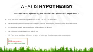 WHAT IS HYPOTHESIS?
“The statement speculating the outcome of a research or experiment.”
• H0=There is no difference in performance of Div. A, B and C in Semester I
• Ha=Business Communication subject has been effective in developing communication skills of students
• H0=Biometric system has not improved the attendance of faculties
• Ha=Excessive fishing has affected marine life
• H0=There is no significant difference in salary of males and females in particular organization.
Here,
H0=Null Hypothesis
Ha=Alternate Hypothesis
 
