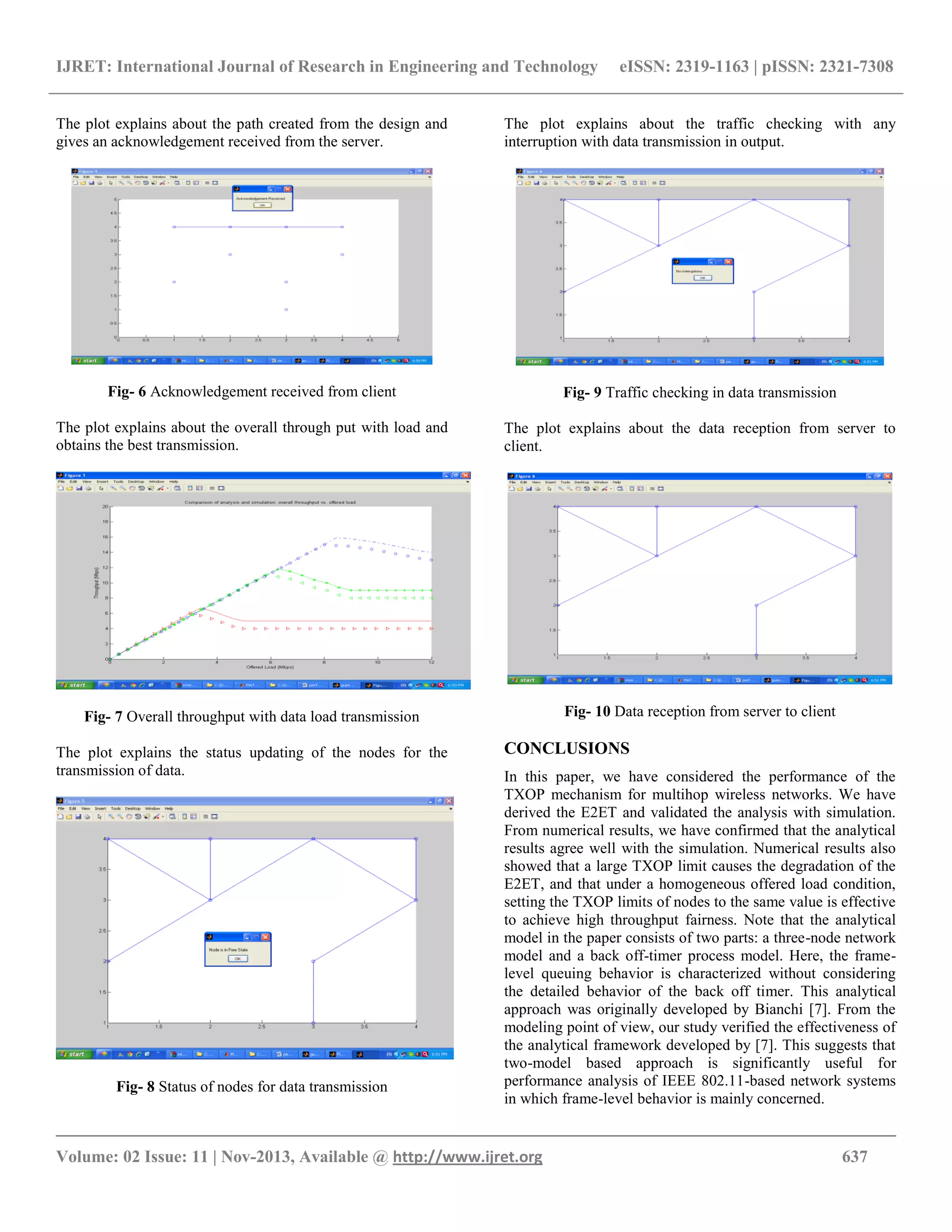 IJRET: International Journal of Research in Engineering and Technology eISSN: 2319-1163 | pISSN: 2321-7308
__________________________________________________________________________________________
Volume: 02 Issue: 11 | Nov-2013, Available @ http://www.ijret.org 637
The plot explains about the path created from the design and
gives an acknowledgement received from the server.
Fig- 6 Acknowledgement received from client
The plot explains about the overall through put with load and
obtains the best transmission.
Fig- 7 Overall throughput with data load transmission
The plot explains the status updating of the nodes for the
transmission of data.
Fig- 8 Status of nodes for data transmission
The plot explains about the traffic checking with any
interruption with data transmission in output.
Fig- 9 Traffic checking in data transmission
The plot explains about the data reception from server to
client.
Fig- 10 Data reception from server to client
CONCLUSIONS
In this paper, we have considered the performance of the
TXOP mechanism for multihop wireless networks. We have
derived the E2ET and validated the analysis with simulation.
From numerical results, we have confirmed that the analytical
results agree well with the simulation. Numerical results also
showed that a large TXOP limit causes the degradation of the
E2ET, and that under a homogeneous offered load condition,
setting the TXOP limits of nodes to the same value is effective
to achieve high throughput fairness. Note that the analytical
model in the paper consists of two parts: a three-node network
model and a back off-timer process model. Here, the frame-
level queuing behavior is characterized without considering
the detailed behavior of the back off timer. This analytical
approach was originally developed by Bianchi [7]. From the
modeling point of view, our study verified the effectiveness of
the analytical framework developed by [7]. This suggests that
two-model based approach is significantly useful for
performance analysis of IEEE 802.11-based network systems
in which frame-level behavior is mainly concerned.
 