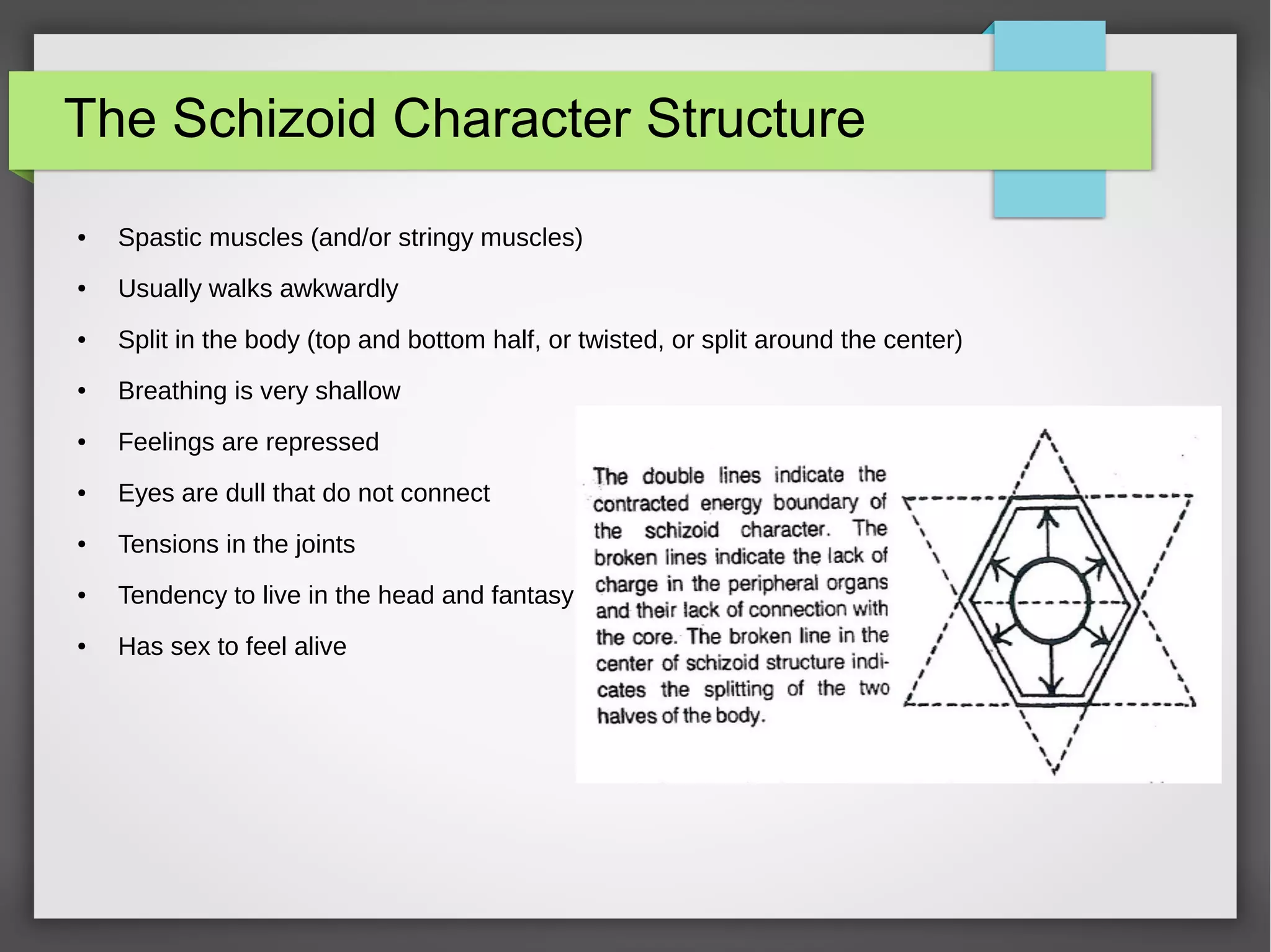 The Schizoid Character Structure
● Spastic muscles (and/or stringy muscles)
● Usually walks awkwardly
● Split in the body (top and bottom half, or twisted, or split around the center)
● Breathing is very shallow
● Feelings are repressed
● Eyes are dull that do not connect
● Tensions in the joints
● Tendency to live in the head and fantasy
● Has sex to feel alive
 