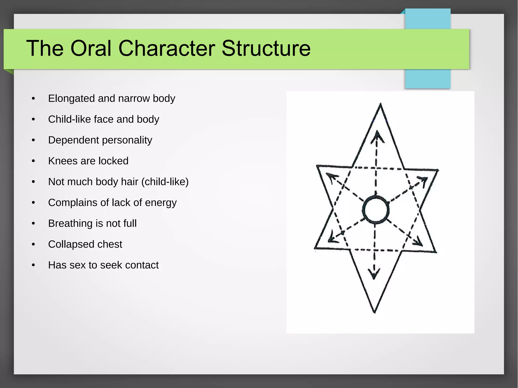 The Oral Character Structure
● Elongated and narrow body
● Child-like face and body
● Dependent personality
● Knees are locked
● Not much body hair (child-like)
● Complains of lack of energy
● Breathing is not full
● Collapsed chest
● Has sex to seek contact
 