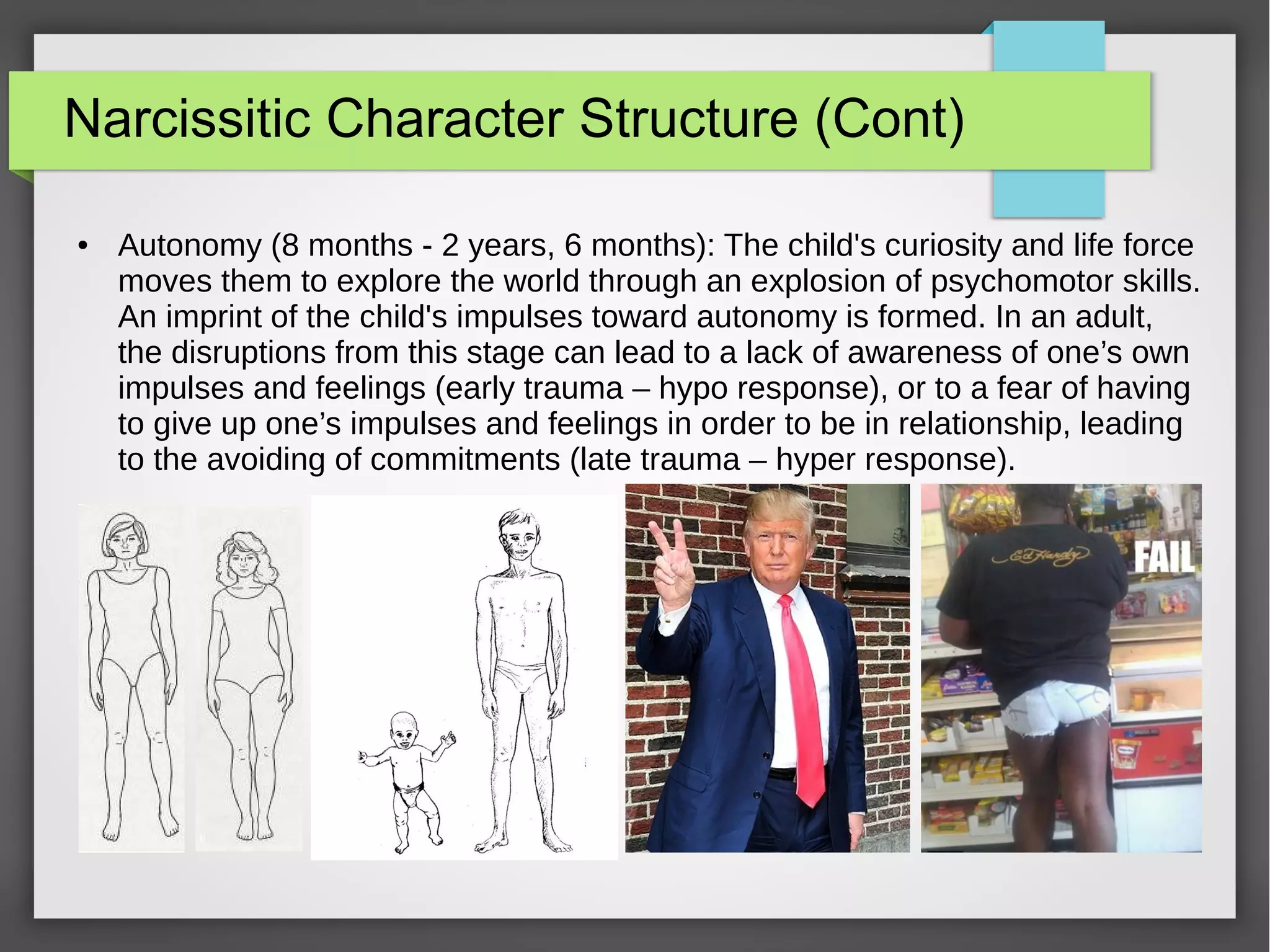 Narcissitic Character Structure (Cont)
● Autonomy (8 months - 2 years, 6 months): The child's curiosity and life force
moves them to explore the world through an explosion of psychomotor skills.
An imprint of the child's impulses toward autonomy is formed. In an adult,
the disruptions from this stage can lead to a lack of awareness of one’s own
impulses and feelings (early trauma – hypo response), or to a fear of having
to give up one’s impulses and feelings in order to be in relationship, leading
to the avoiding of commitments (late trauma – hyper response).
 