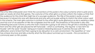 This is the Wild child poster and I think the conventions of this poster is the colour scheme which is pink and is
seen on nearly all chick flick genres. The costume of the other girls is a school uniform this makes us think that
the audience for this chick flick might be of a younger audience. The title of the poster is quite unusual
because it is halved into one with diamonds and one with just purple writing to match the other colour used
in the scheme. The main girls costume in contrast to the other girls is quite glamorous as she is wearing a dress
and has a lot of accessories on like the sunglasses and the scarf. The proxemics of the poster is also very
interesting because it shows us who the main character is going to be which is the girl who is standing at the
front and the other girls are placed far left hand side – which is contrasting. The tag line ‘a new term for
trouble’ with the word ‘trouble’ being put in bold is interesting because it catches the eye with the
alliteration and is hinted that their is going to be disruption to a calm environment. The repetition of ‘new’
has a linear structure and tells us bluntly what the films about summed up in 6 words – this convention is
commonly seen on film posters.

 