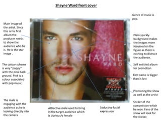 Shayne Ward front cover
Main image of
the artist. Since
this is his first
album the
producer needs
to show the
audience who he
is. He is the star
image .
Sticker of the
competition which
he won. Fans of the
show will look for
the sticker.
Plain sparkly
background makes
the images more
focussed on the
figure as there is
nothing to distract
the audience.
Genre of music is
pop.
Promoting the show
as well as the artist
The colour scheme
is very “poppy”
with the pink back
ground. Pink is a
colour associated
with pop music.
The male is
engaging with the
audience as he is
looking directly into
the camera
Attractive male used to bring
in the target audience which
is obviously female
Seductive facial
expression
Self entitled album
for promotion
First name is bigger
than is last
 