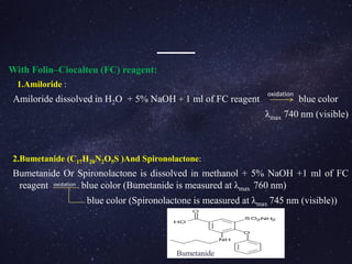 With Folin–Ciocalteu (FC) reagent:
1.Amiloride :
Amiloride dissolved in H2O + 5% NaOH + 1 ml of FC reagent blue color
λmax 740 nm (visible)
2.Bumetanide (C17H20N2O5S )And Spironolactone:
Bumetanide Or Spironolactone is dissolved in methanol + 5% NaOH +1 ml of FC
reagent blue color (Bumetanide is measured at λmax 760 nm)
blue color (Spironolactone is measured at λmax 745 nm (visible))
Bumetanide
oxidation
oxidation
 