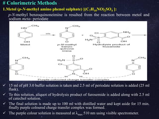 # Colorimetric Methods
1.Metol (p-N-methyl amino phenol sulphate) [(C7H10NO)2SO4 ]:
p-N-methyl benzoquinoneimine is resulted from the reaction between metol and
sodium meta- periodate
 15 ml of pH 3.0 buffer solution is taken and 2.5 ml of periodate solution is added (25 ml
flask).
 To this solution, aliquot of hydrolysis product of furosemide is added along with 2.5 ml
of catechol solution.
 The final solution is made up to 100 ml with distilled water and kept aside for 15 min.
finally purple coloured charge transfer complex was formed.
 The purple colour solution is measured at λmax 510 nm using visible spectrometer.
 