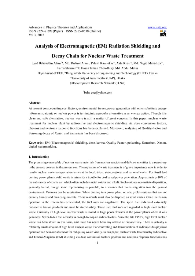 Analysis of (em) radiation shielding and decay chain