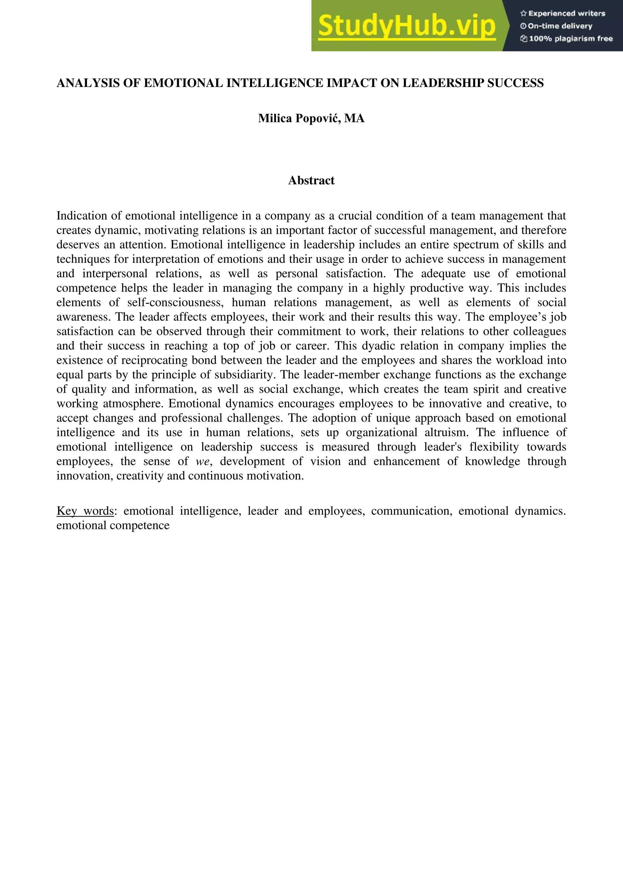 ANALYSIS OF EMOTIONAL INTELLIGENCE IMPACT ON LEADERSHIP SUCCESS | PDF