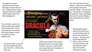 The tagline has been
positioned at the top of
the page so that it hits our
eye. It does this by using a
‘spooky’ font that is yellow,
which stands out on the
black background.
The red that is used in the
title connotes the subject
of the movie itself. As we
know Dracula is a vampire
that drinks blood, and the
use of the red font
signifies this.
This poster tells us some of
the star studded cast that
are in the film, and the role
they play.
Unlike more modern film posters,
this poster tells us the age ratig of
the film, and as it’s a horror with
quite sexual themes throughout, it
is an adult only film.
Following the sexual
themes of the film, we
see what looks to be on
of the main women in
the film. The way she is
positioned with her
attire, such as her low
cut top embraces and
promote the sexual
these of the film
through this poster.
The main character himself,
Dracula. We see him looking as
if he’s going to drink this
women's blood. This has been
put n the poster as it happens
through the move, and people
that see the poster will get an
idea of what the film will be
about.
 
