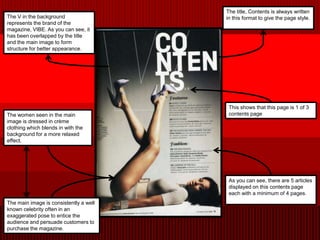 The title, Contents is always written
The V in the background                 in this format to give the page style.
represents the brand of the
magazine, VIBE. As you can see, it
has been overlapped by the title
and the main image to form
structure for better appearance.




                                         This shows that this page is 1 of 3
The women seen in the main               contents page
image is dressed in crème
clothing which blends in with the
background for a more relaxed
effect.




                                         As you can see, there are 5 articles
                                         displayed on this contents page
                                         each with a minimum of 4 pages.
The main image is consistently a well
known celebrity often in an
exaggerated pose to entice the
audience and persuade customers to
purchase the magazine.
 